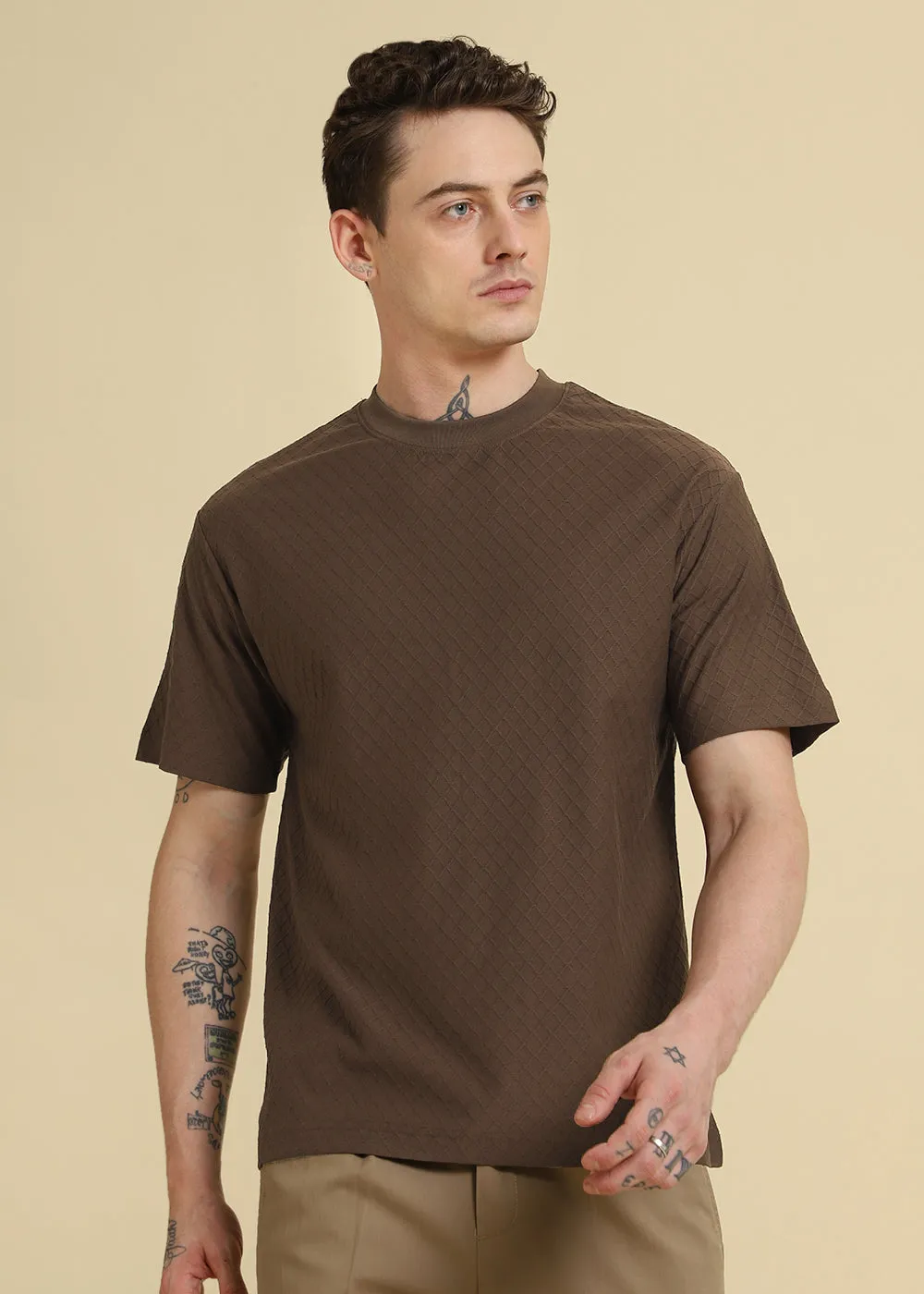 Brown Textured Regular T-shirt