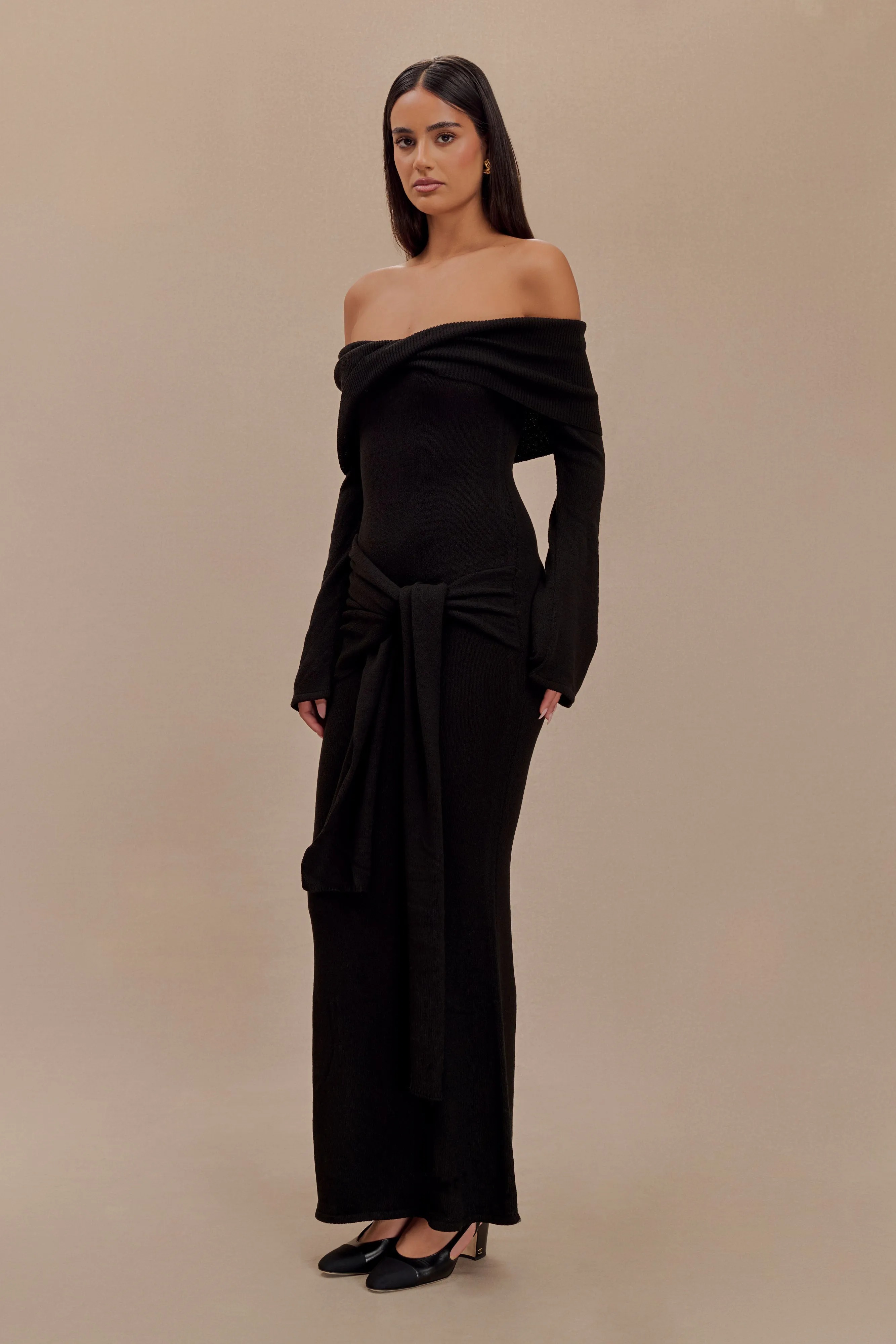 Cameron Off Shoulder Tie Maxi Dress - Black