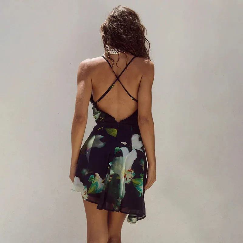 Camisole V-Neck Backless Printed Summer Short Mini Dress