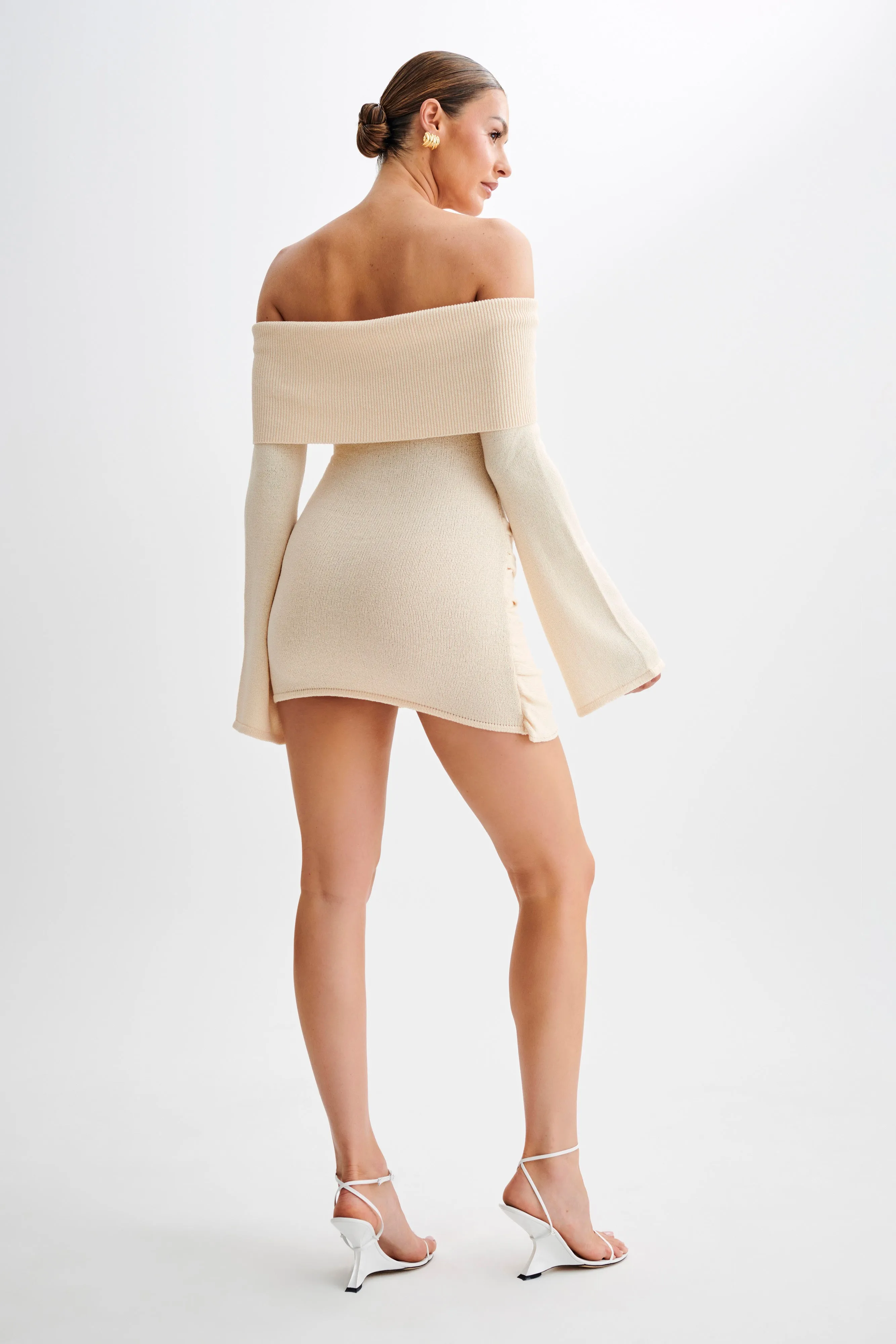 Camryn Off Shoulder Tie Knit Mini Dress - Cream Marle