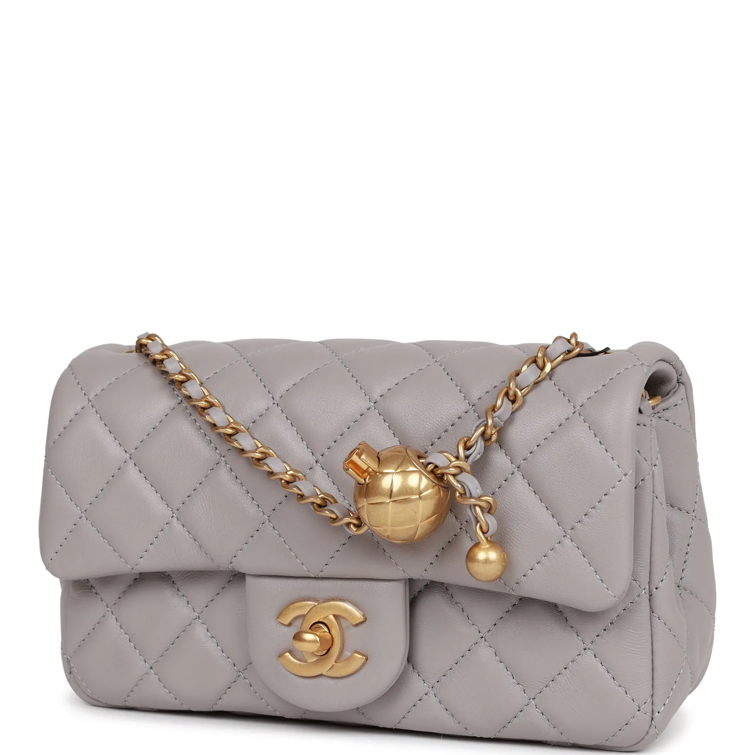 Chanel Pearl Crush Mini Rectangular Flap Bag Light Grey Lambskin Antique Gold Hardware