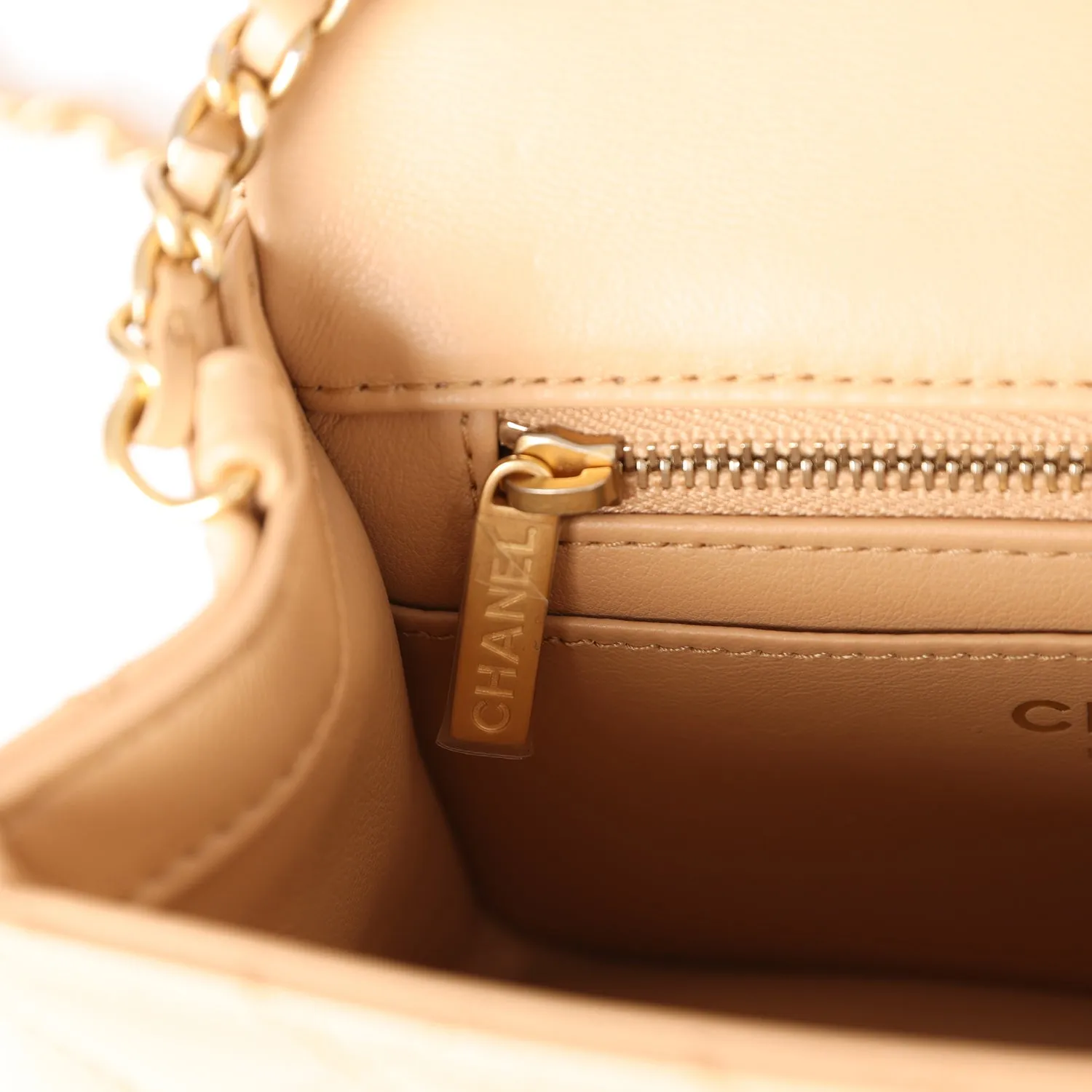 Chanel Pearl Crush Mini Square Flap Beige Lambskin Brushed Gold Hardware