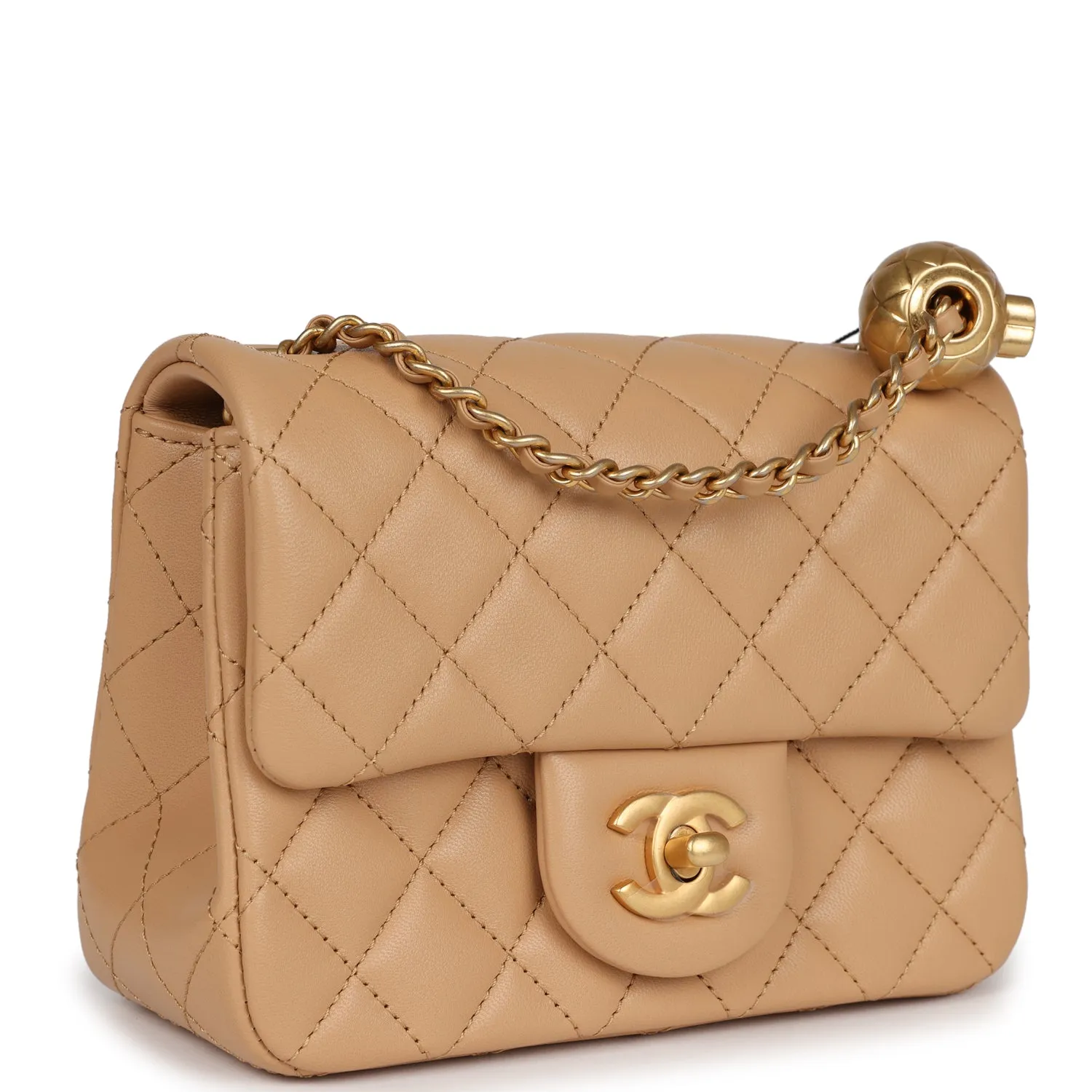 Chanel Pearl Crush Mini Square Flap Beige Lambskin Brushed Gold Hardware