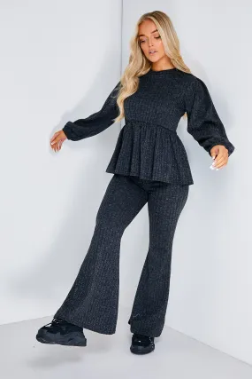 Charcoal Peplum Top and Wide Leg Trouser Co-ord Set