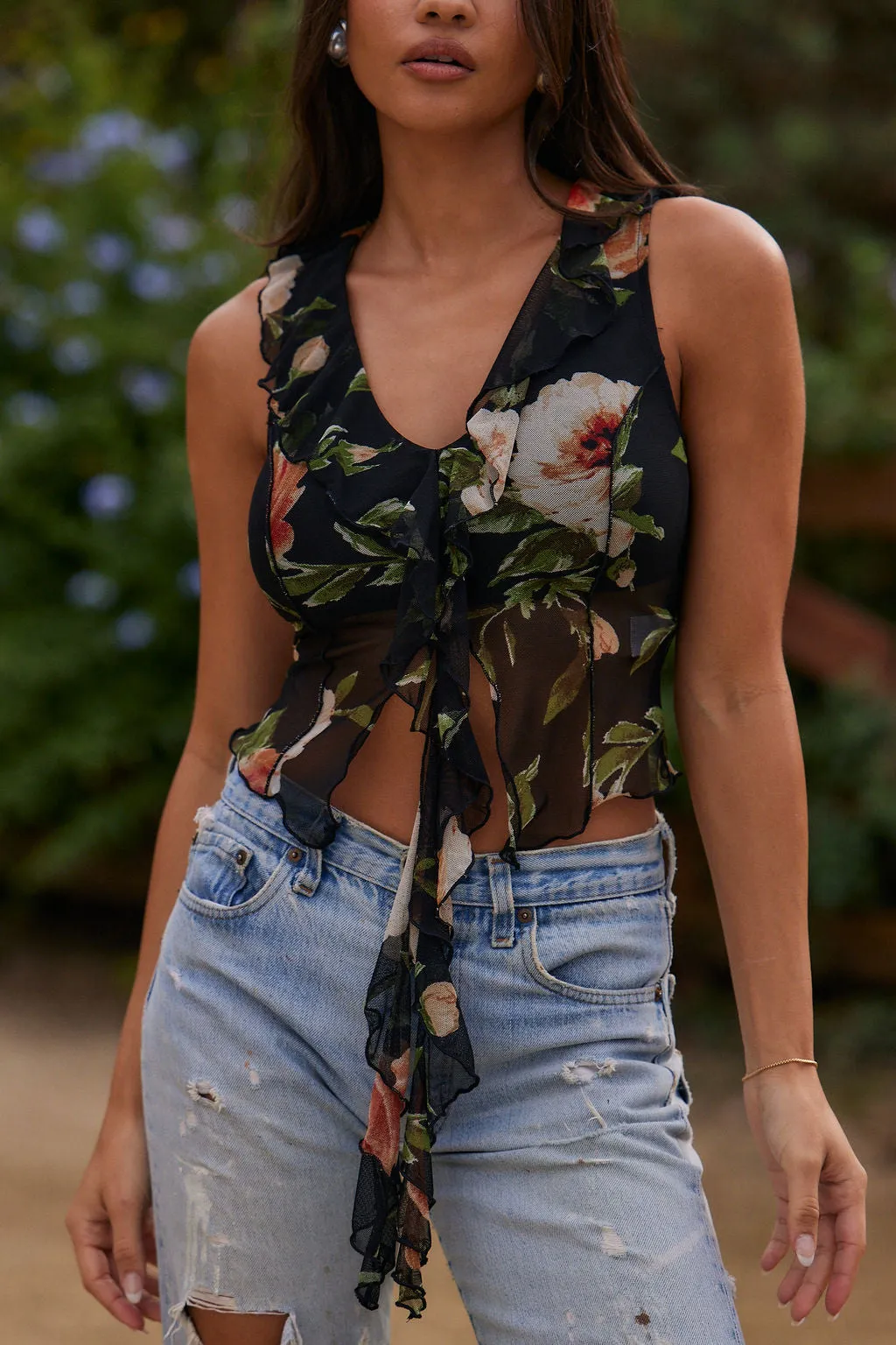 Charlie Floral Mesh Ruffle Tank