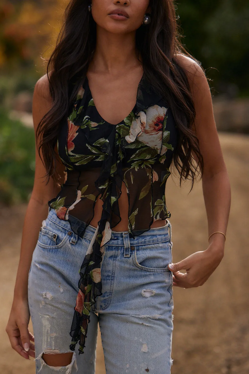 Charlie Floral Mesh Ruffle Tank