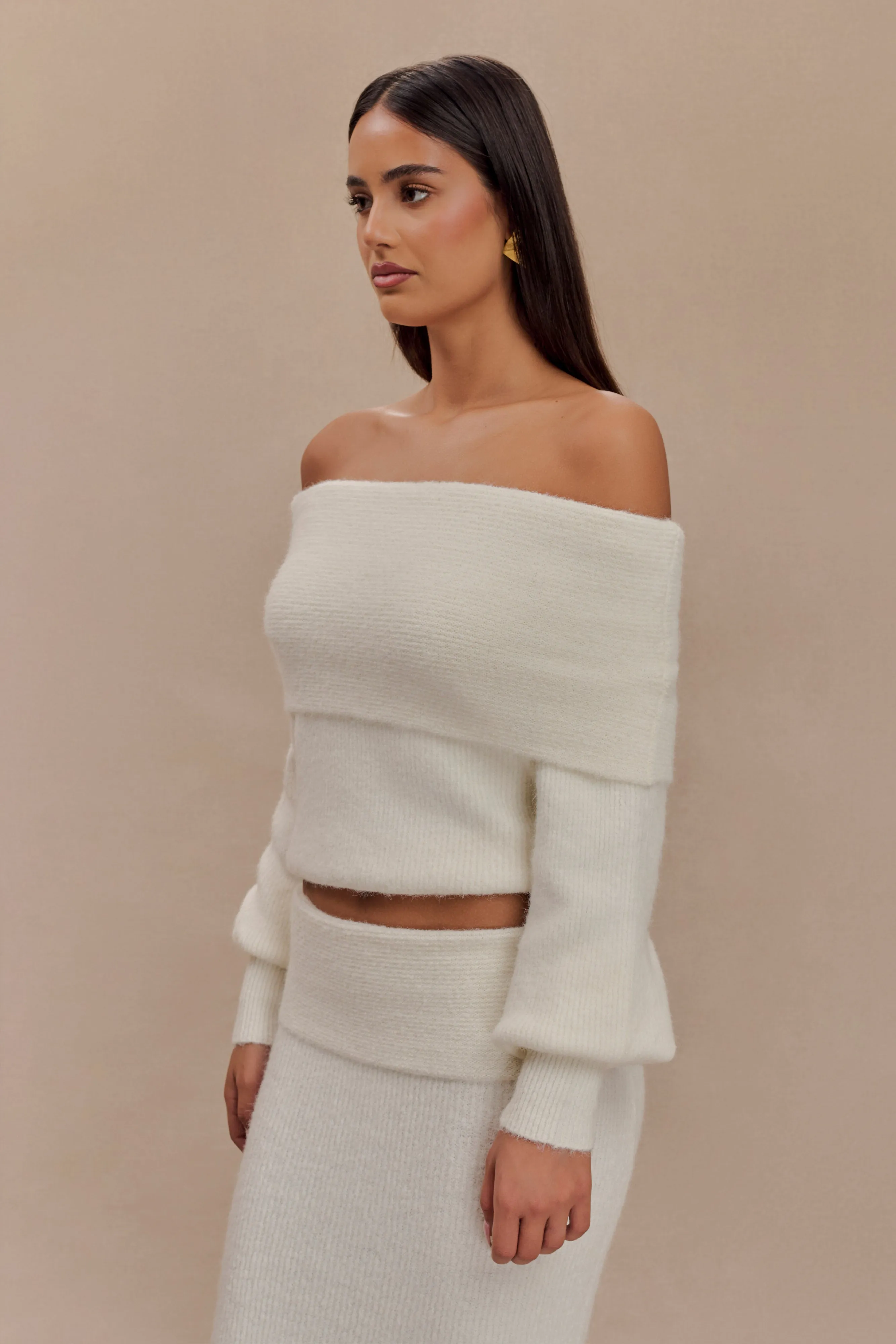 Charlotte Off Shoulder Knit Long Sleeve Top - Ivory