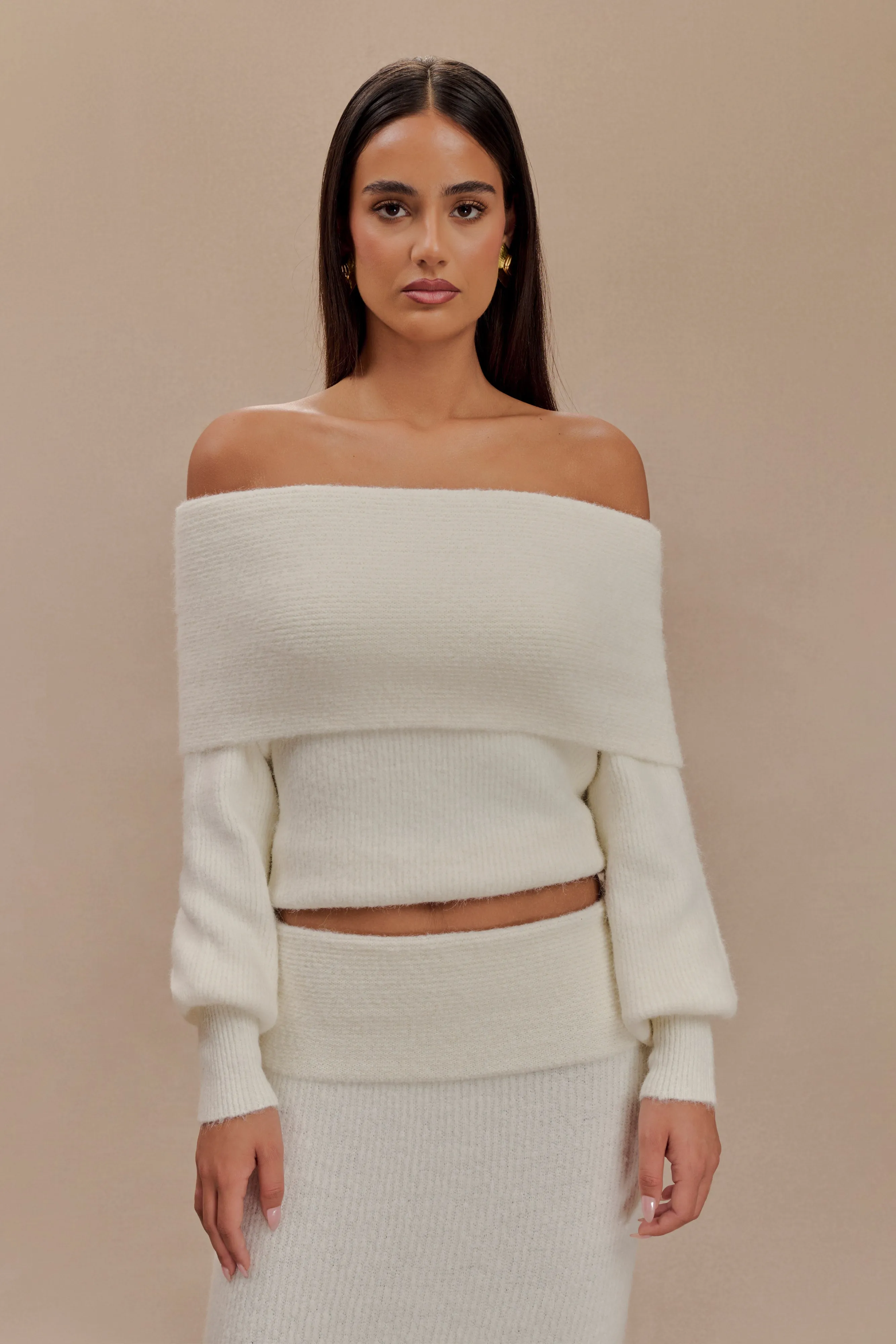 Charlotte Off Shoulder Knit Long Sleeve Top - Ivory