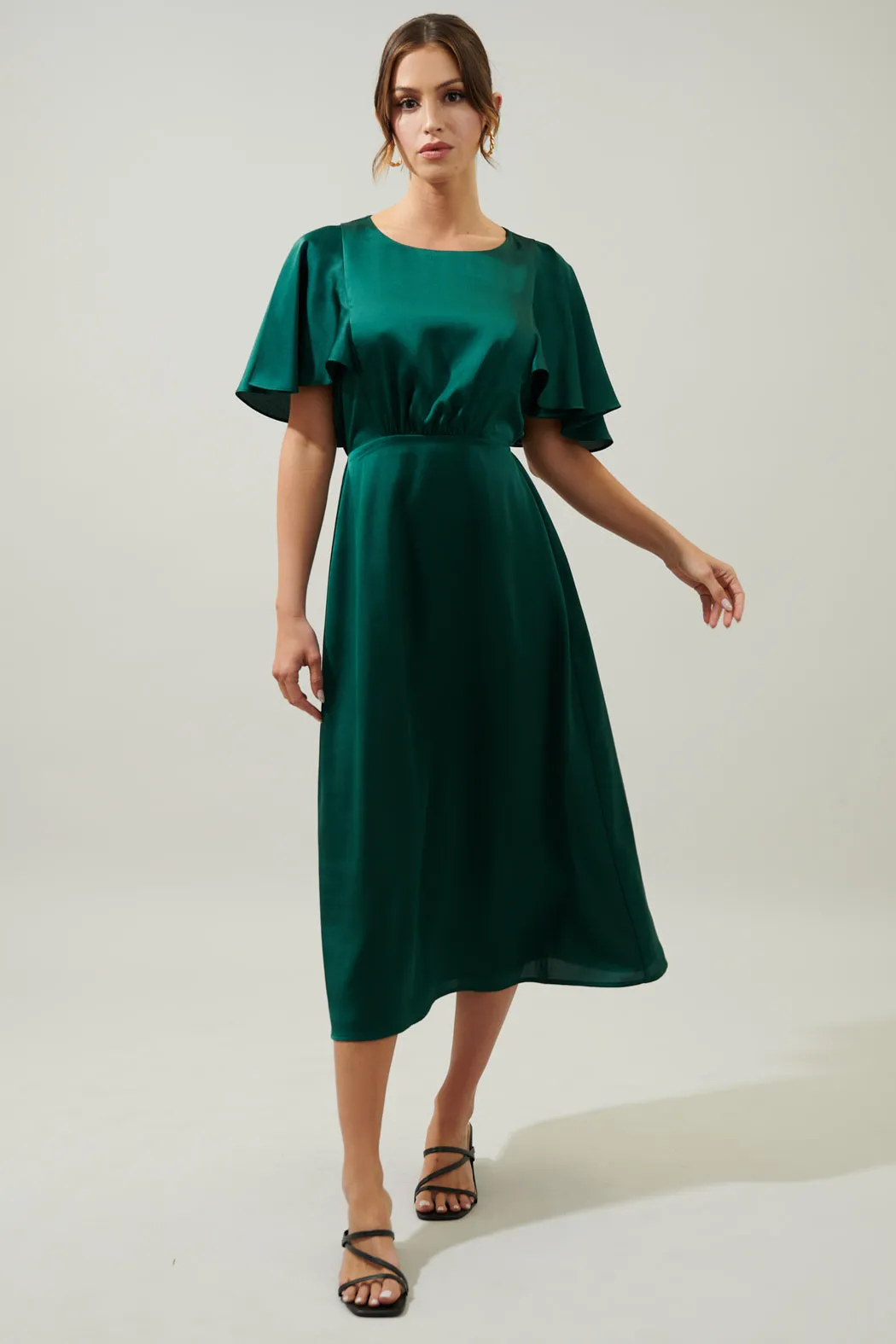 Chateau Satin Allegria Flutter Sleeve Midi Dress