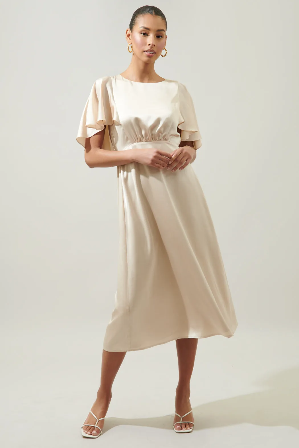 Chateau Satin Allegria Flutter Sleeve Midi Dress