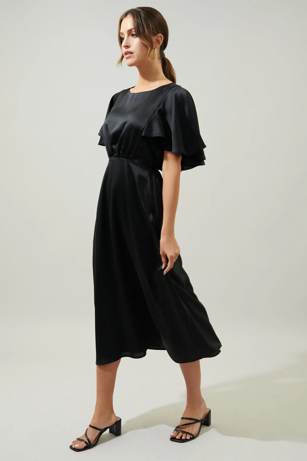 Chateau Satin Allegria Flutter Sleeve Midi Dress