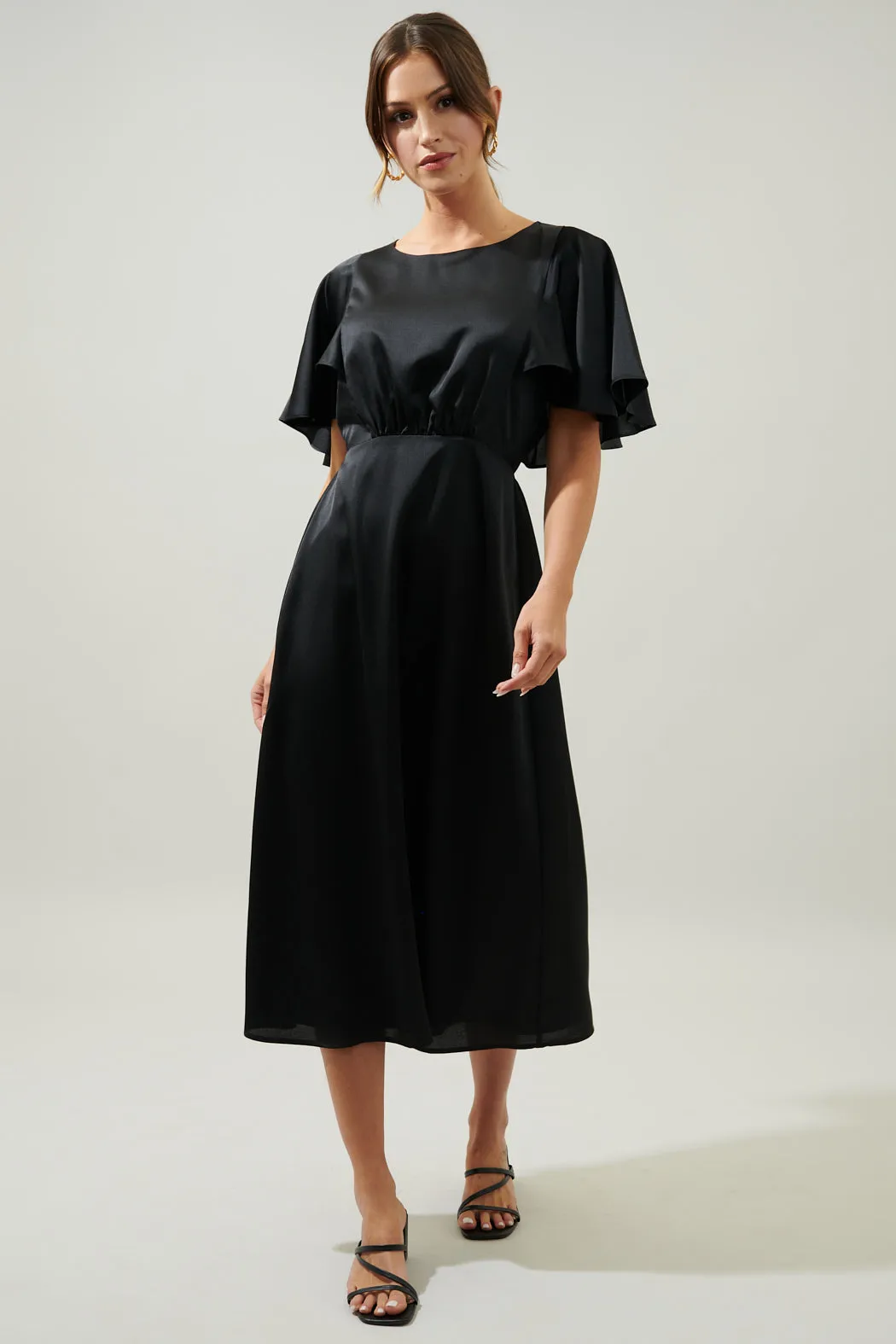 Chateau Satin Allegria Flutter Sleeve Midi Dress