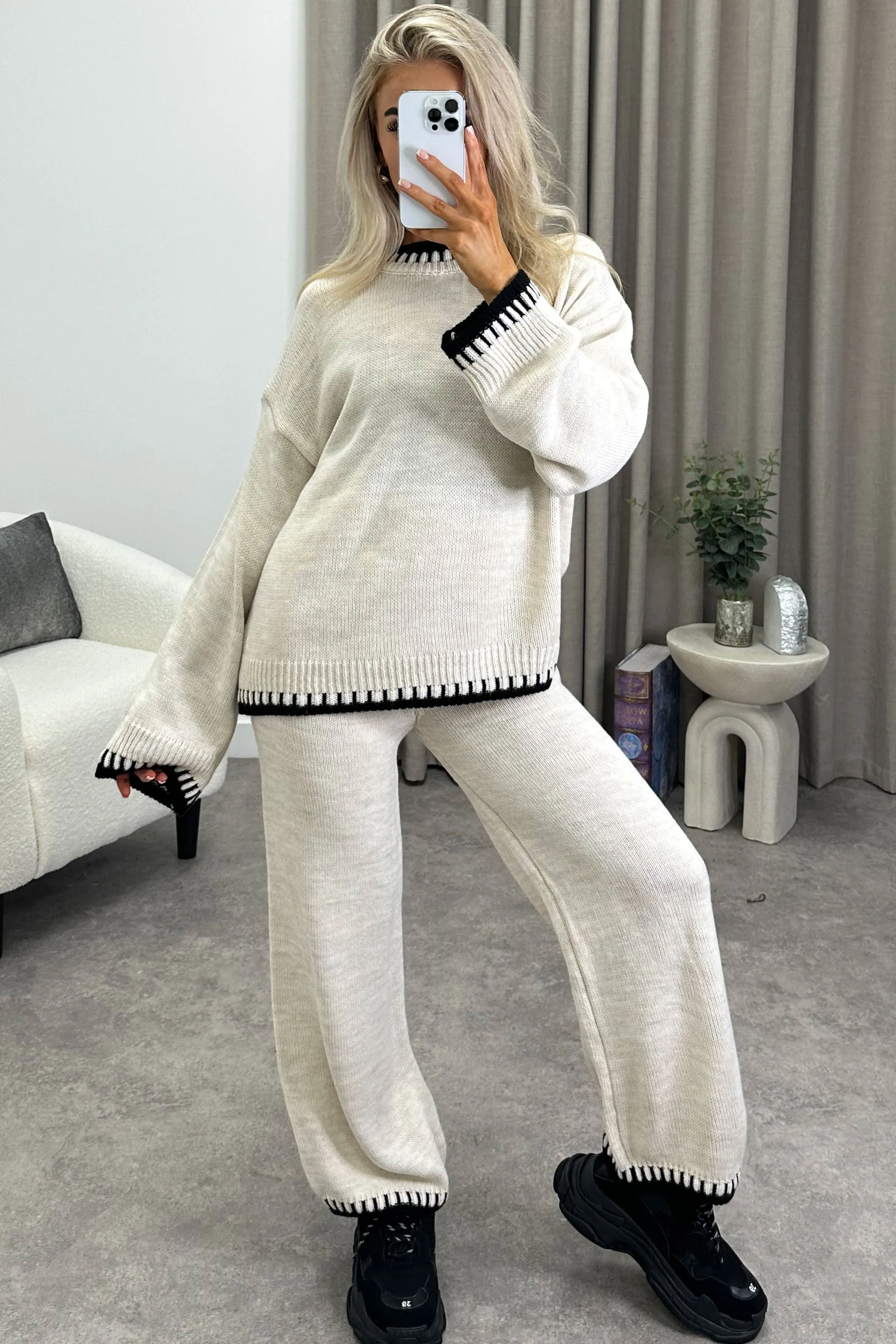 Cloe Beige Contrast Trim Knitted Jumper and Wide Leg Trousers Co-Ord Set