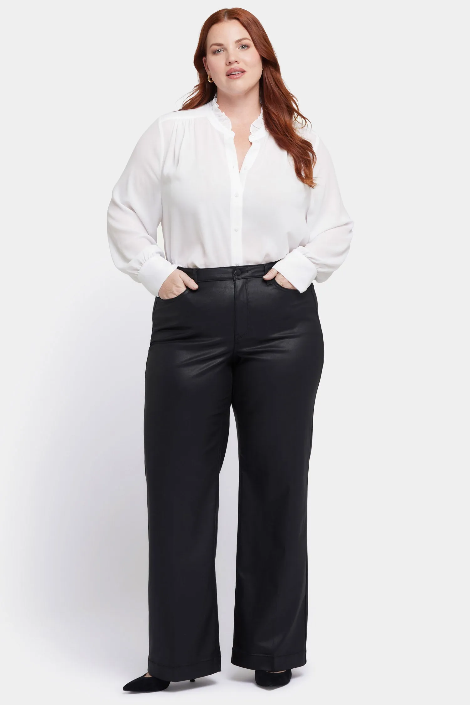 Coated Teresa Wide Leg Jeans In Plus Size - Black Coated