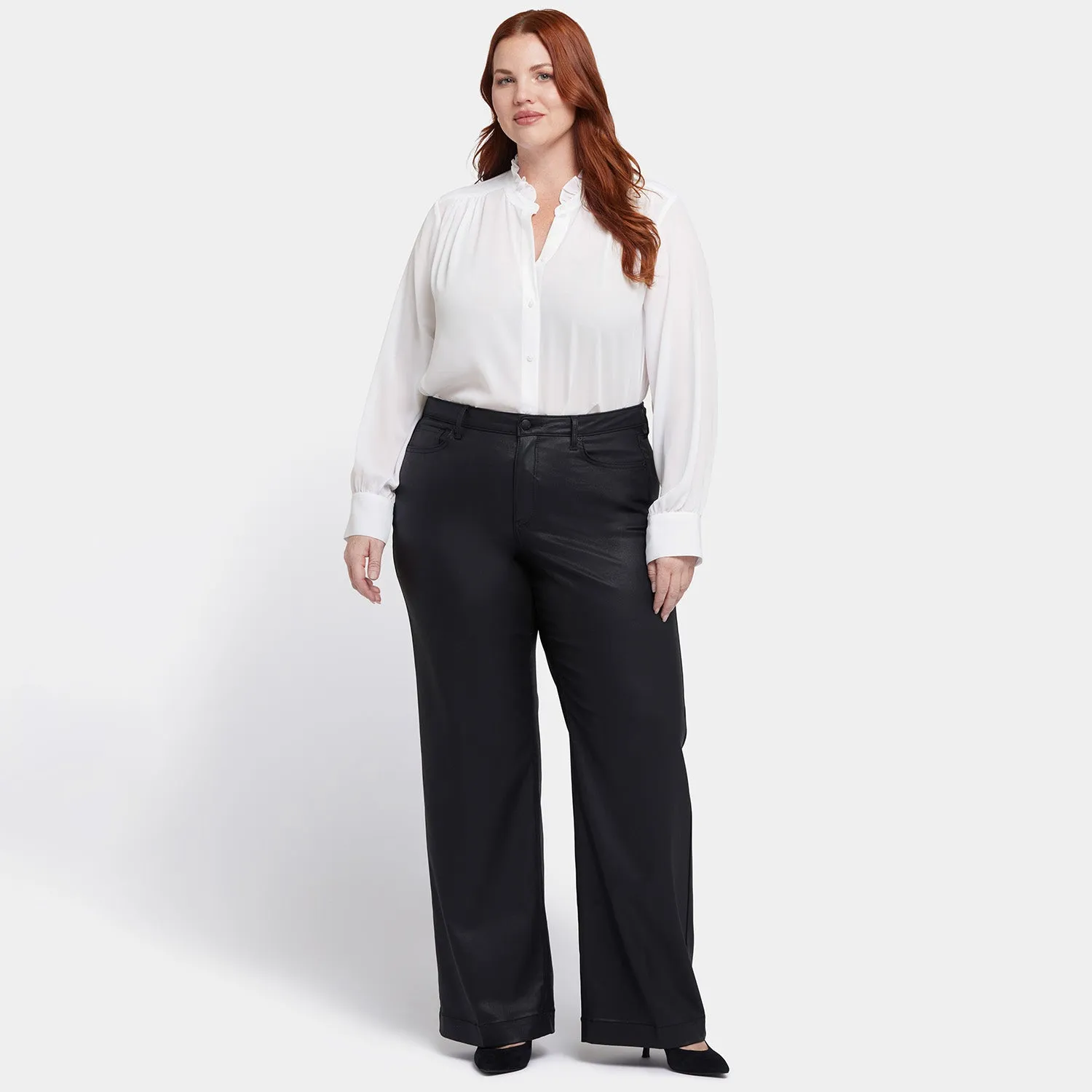 Coated Teresa Wide Leg Jeans In Plus Size - Black Coated