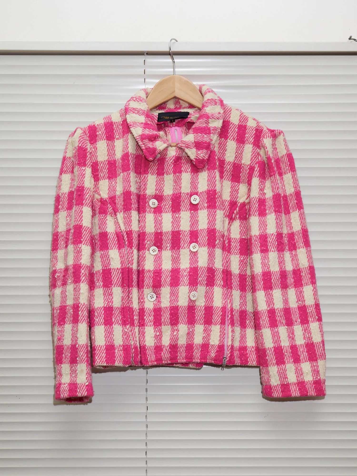 Comme des Garcons 1991 pink cream wool check zipped seam peacoat - womens S