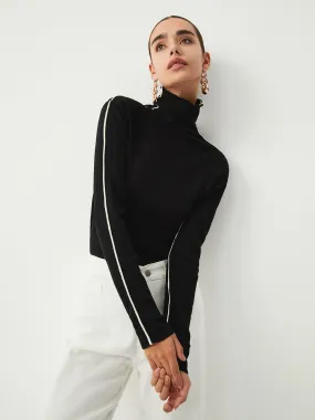 Contrast Piping Turtleneck Long Sleeve Top