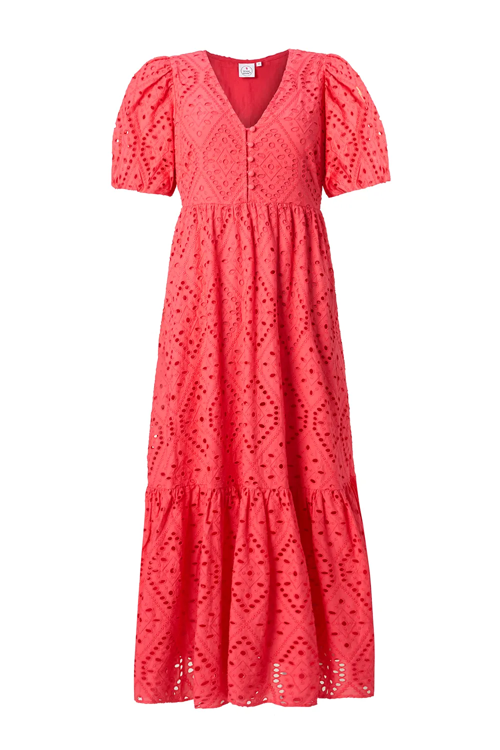 Coral Red Broderie Anglaise Puff Sleeve Midi Dress