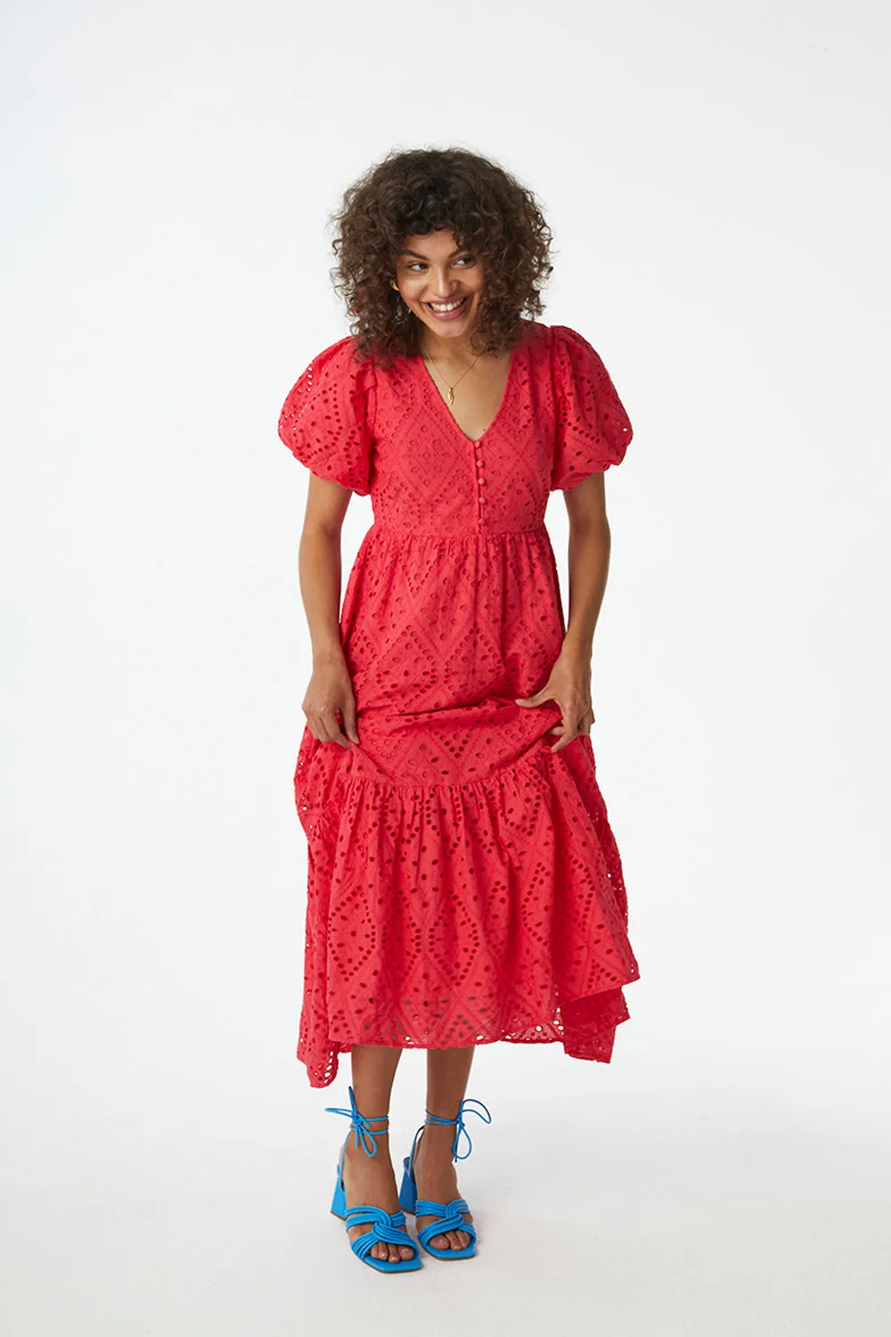 Coral Red Broderie Anglaise Puff Sleeve Midi Dress