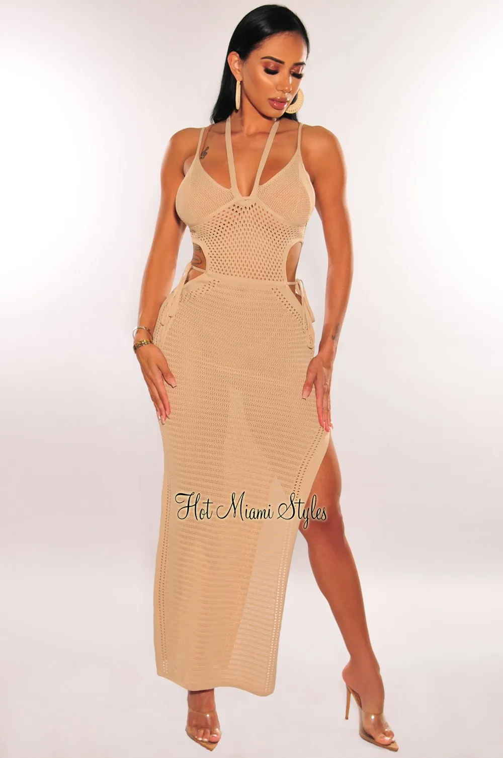 Cream Crochet Halter Spaghetti Straps Cut Out Slit Cover Up Dress