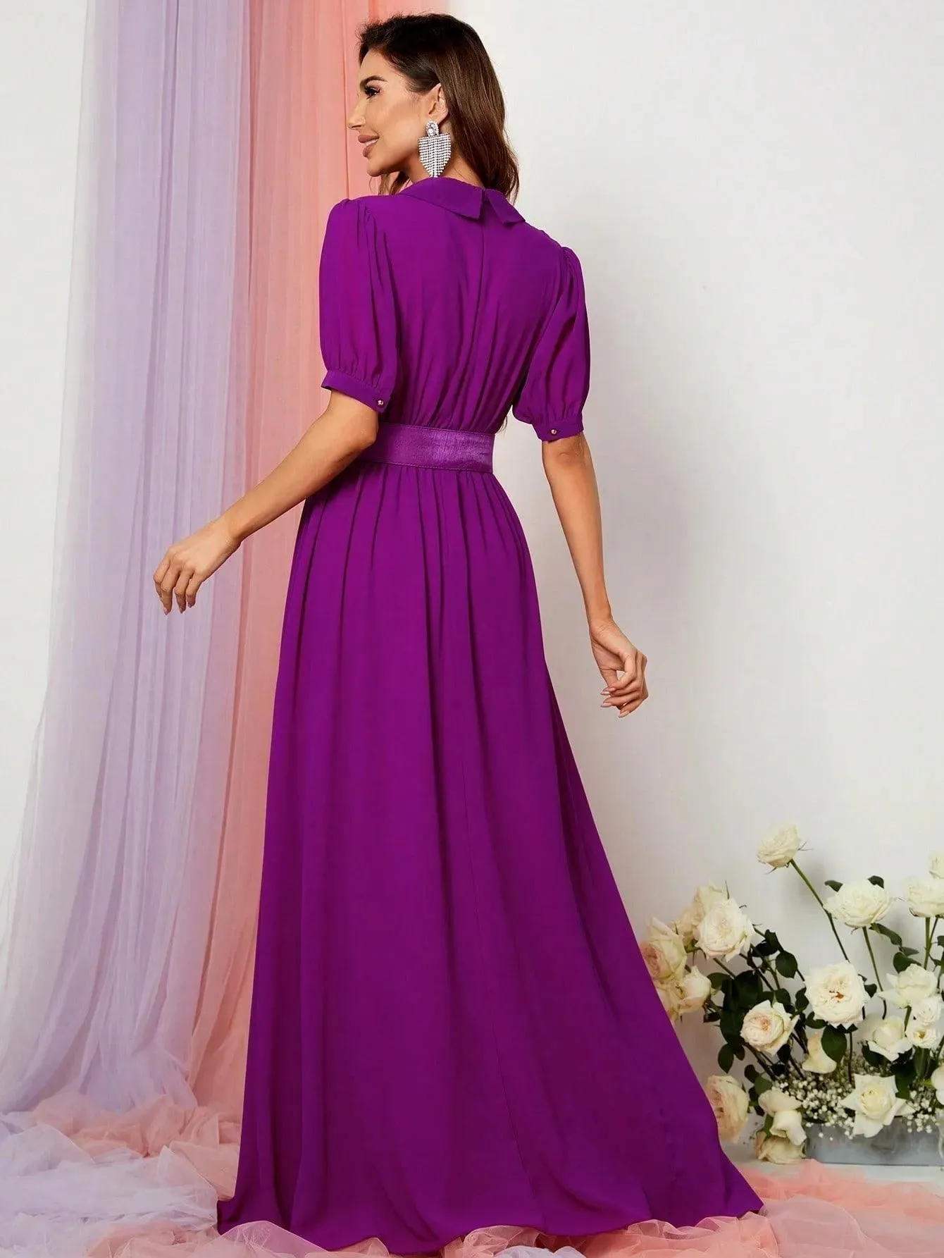 Deep V Neck Puff Sleeve Belted Maxi Dress