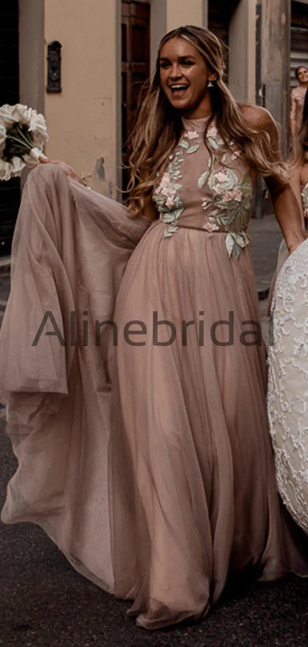 Dusty Pink Tulle Mint Applique Spaghetti Strap Backless Bridesmaid Dresses, AB4113