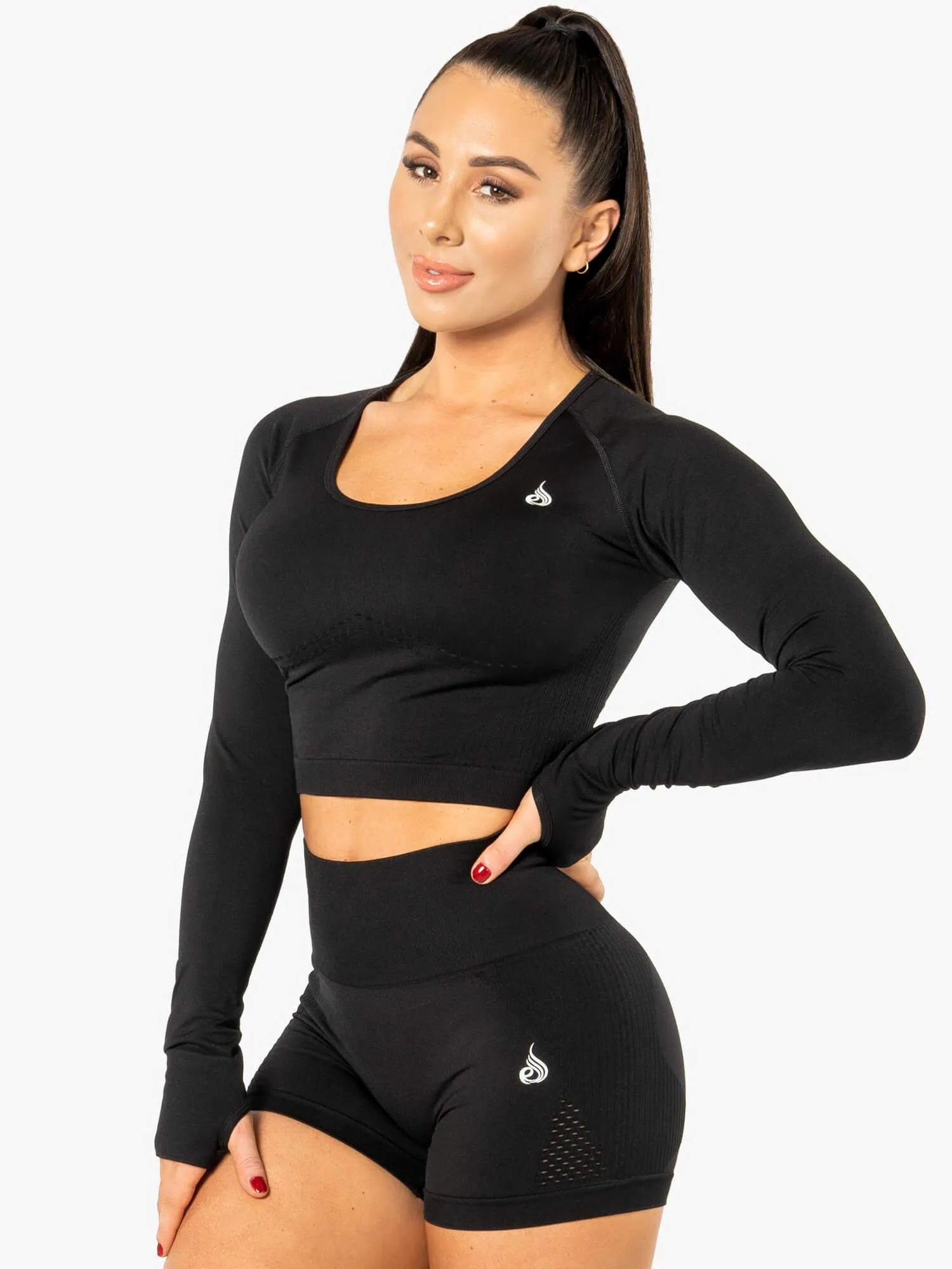 Electra Seamless Long Sleeve Crop Top - Black