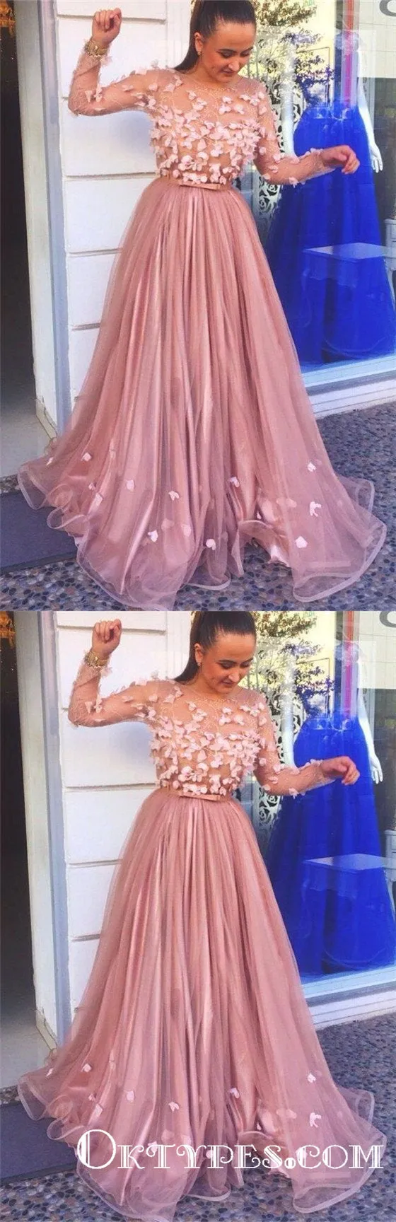 Elegant A-line Long Sleeves Round Neck Long Cheap Prom Dresses With Applique, TYP1813