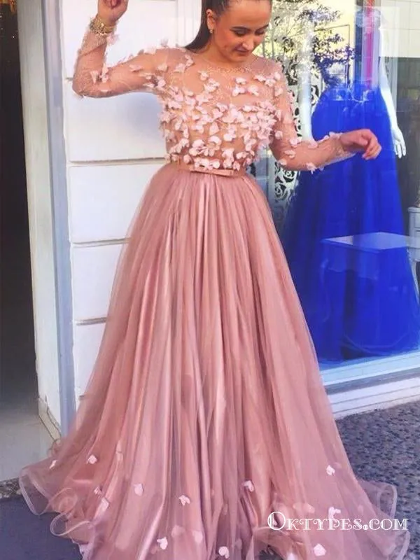 Elegant A-line Long Sleeves Round Neck Long Cheap Prom Dresses With Applique, TYP1813