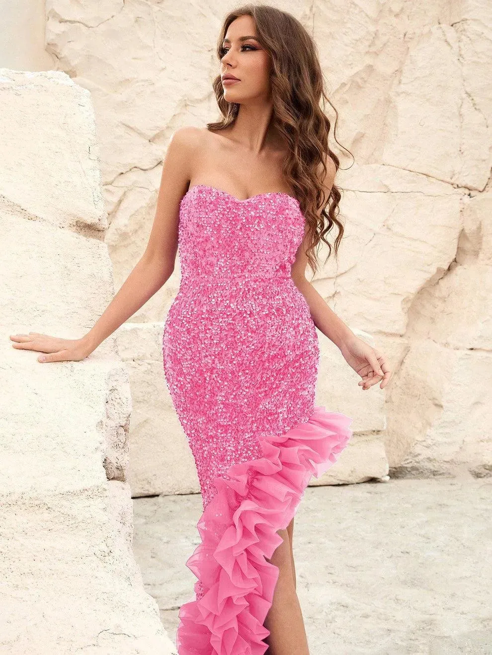 Elegant Asymmetrical Hem Sequin Tube Dress