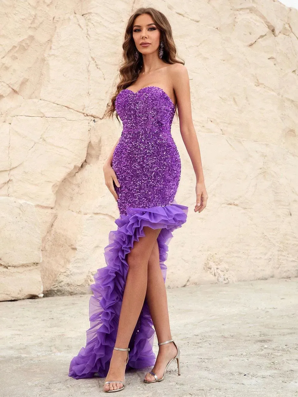 Elegant Asymmetrical Hem Sequin Tube Dress