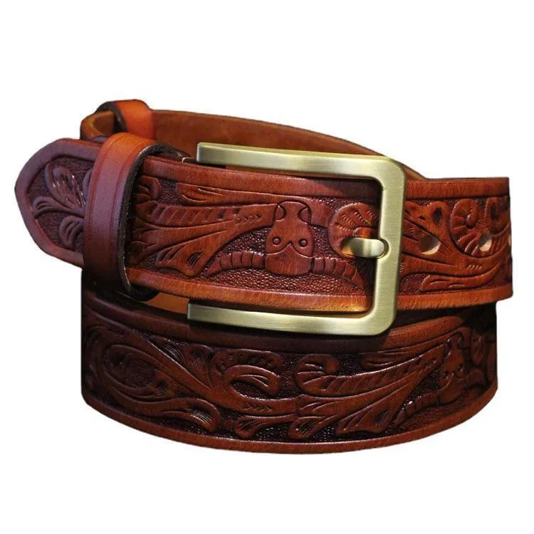 Embossed Full Grain Leather Western Style Leather Belt, Cowboy Rodeo Tulip Embossed leather Belt, Handcrafted, Unisex Belt, Gift