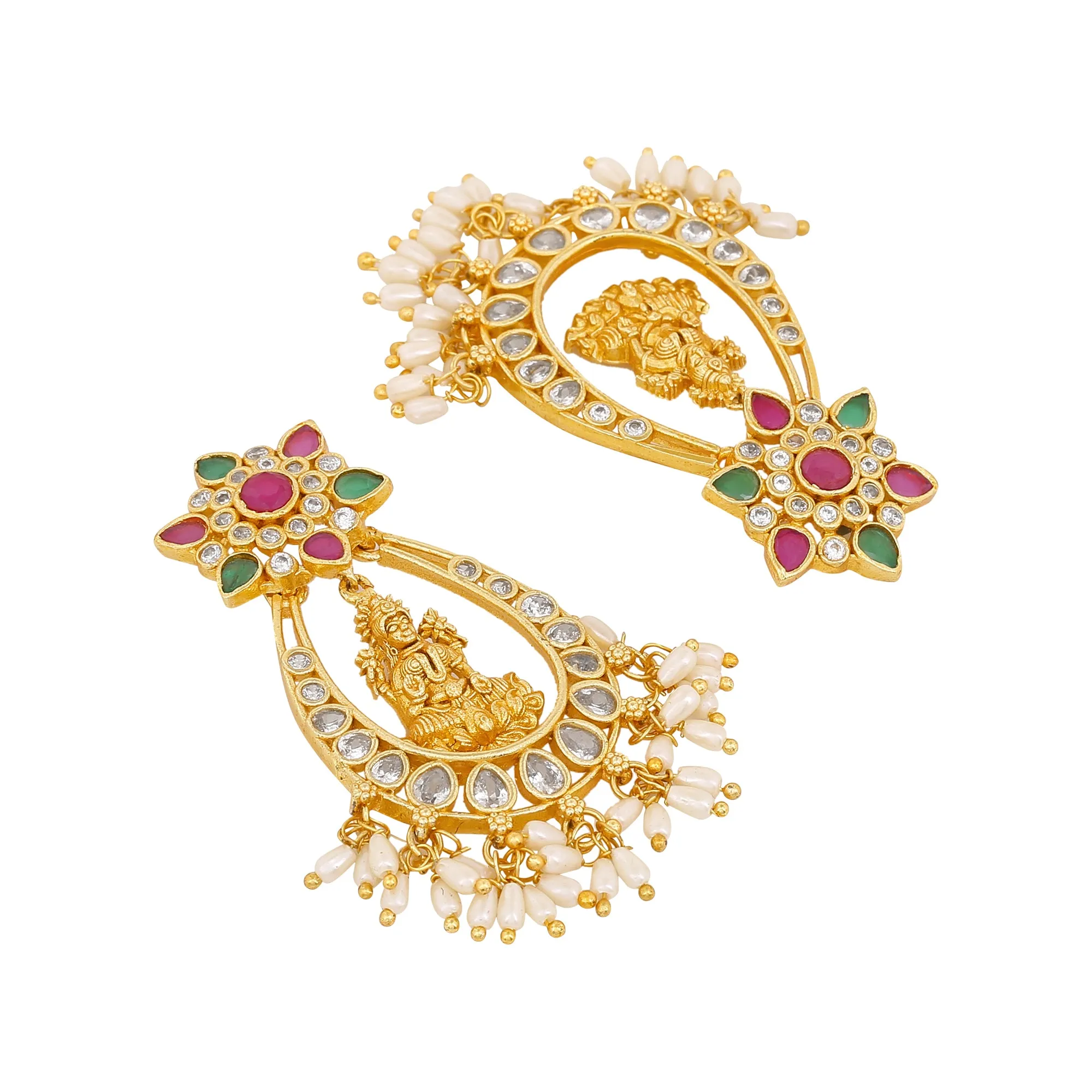 Estele Gold Plated CZ Lakshmi Devi Designer Earrings with Pearls for Women