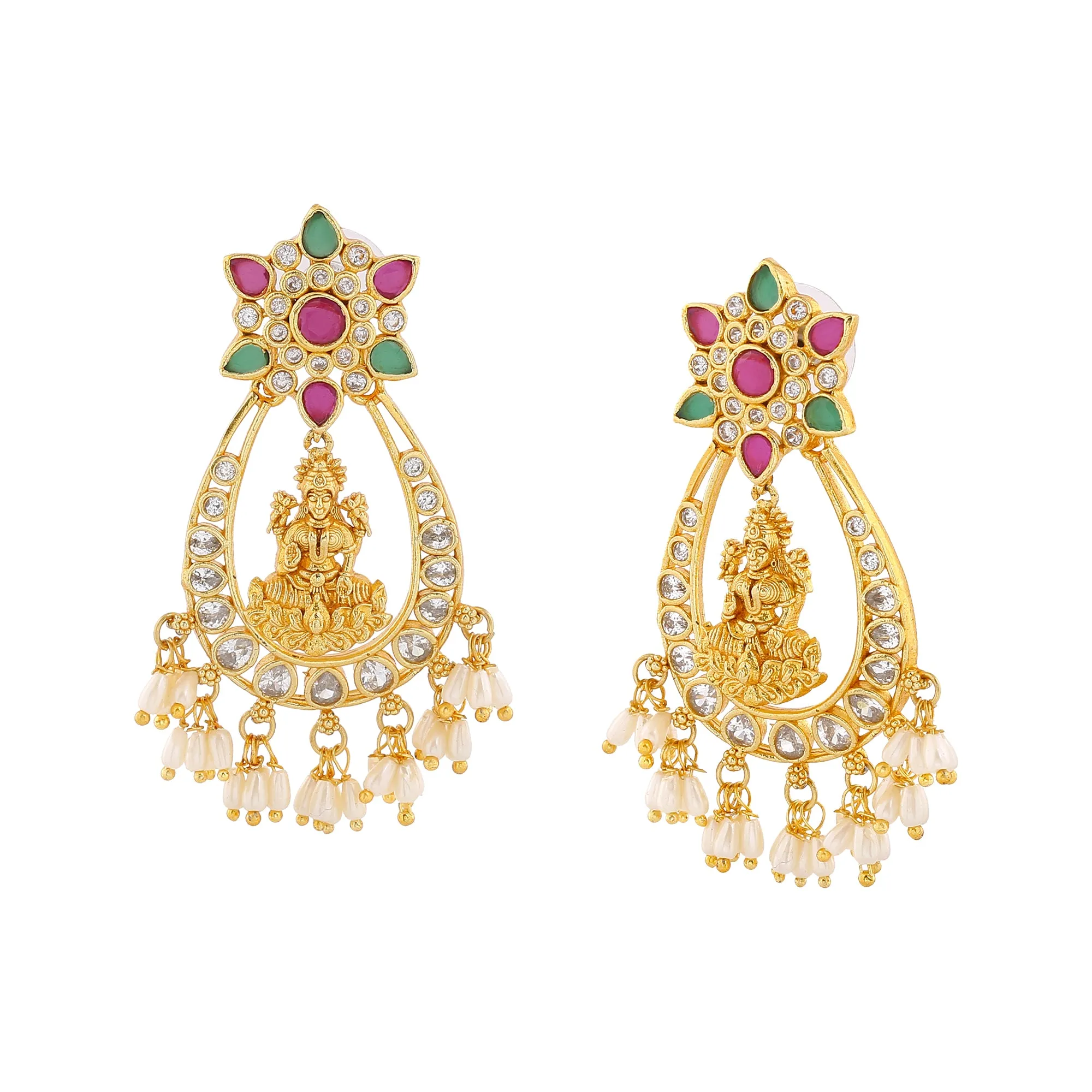 Estele Gold Plated CZ Lakshmi Devi Designer Earrings with Pearls for Women