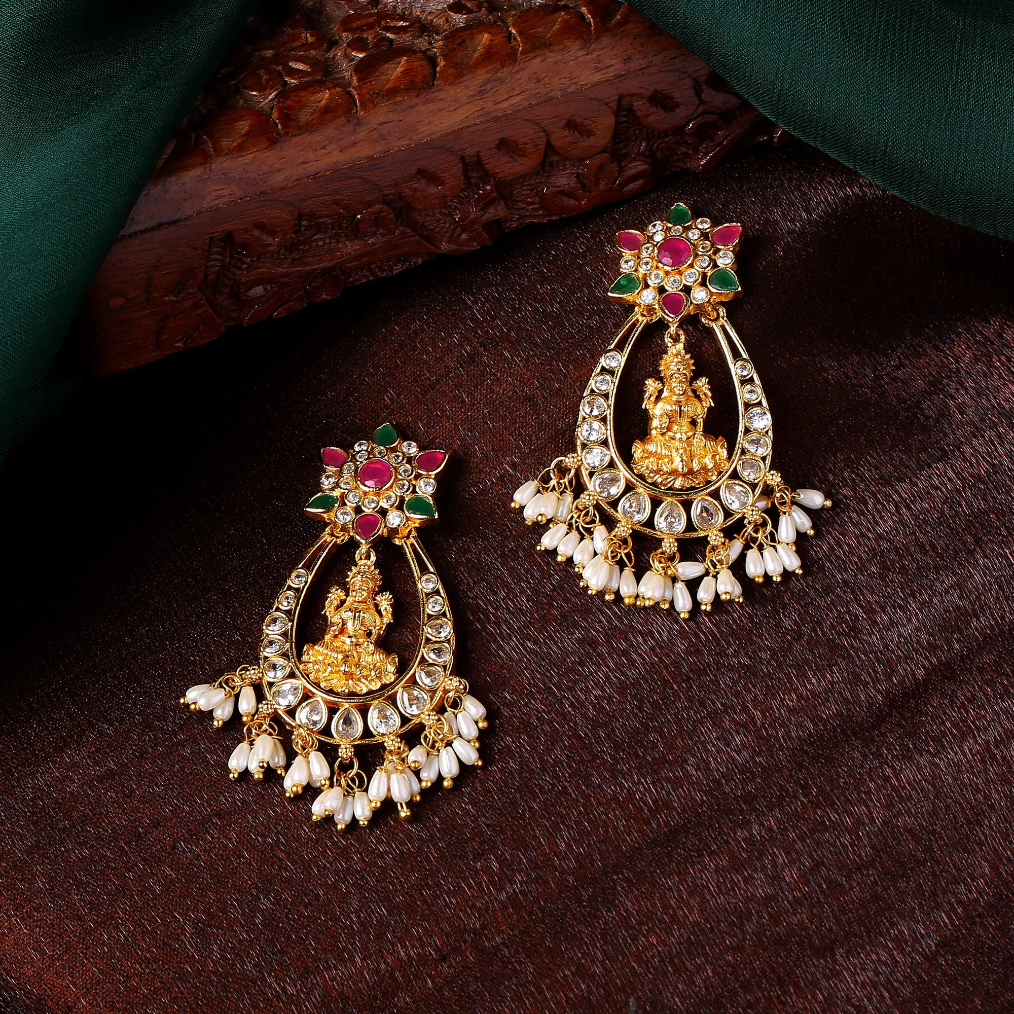 Estele Gold Plated CZ Lakshmi Devi Designer Earrings with Pearls for Women