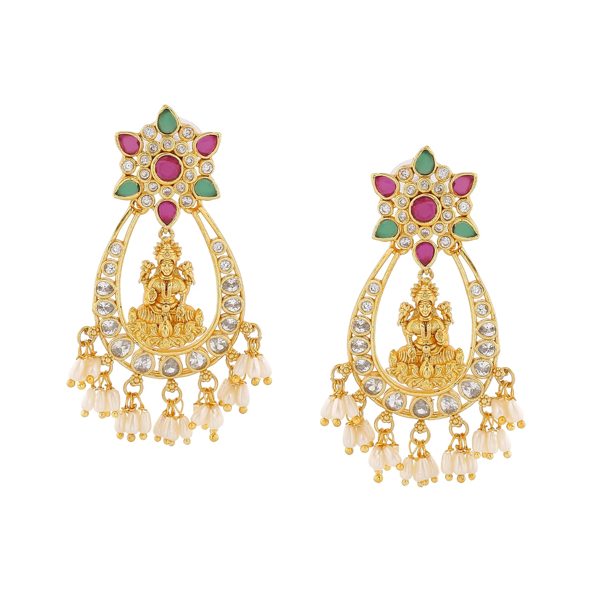 Estele Gold Plated CZ Lakshmi Devi Designer Earrings with Pearls for Women