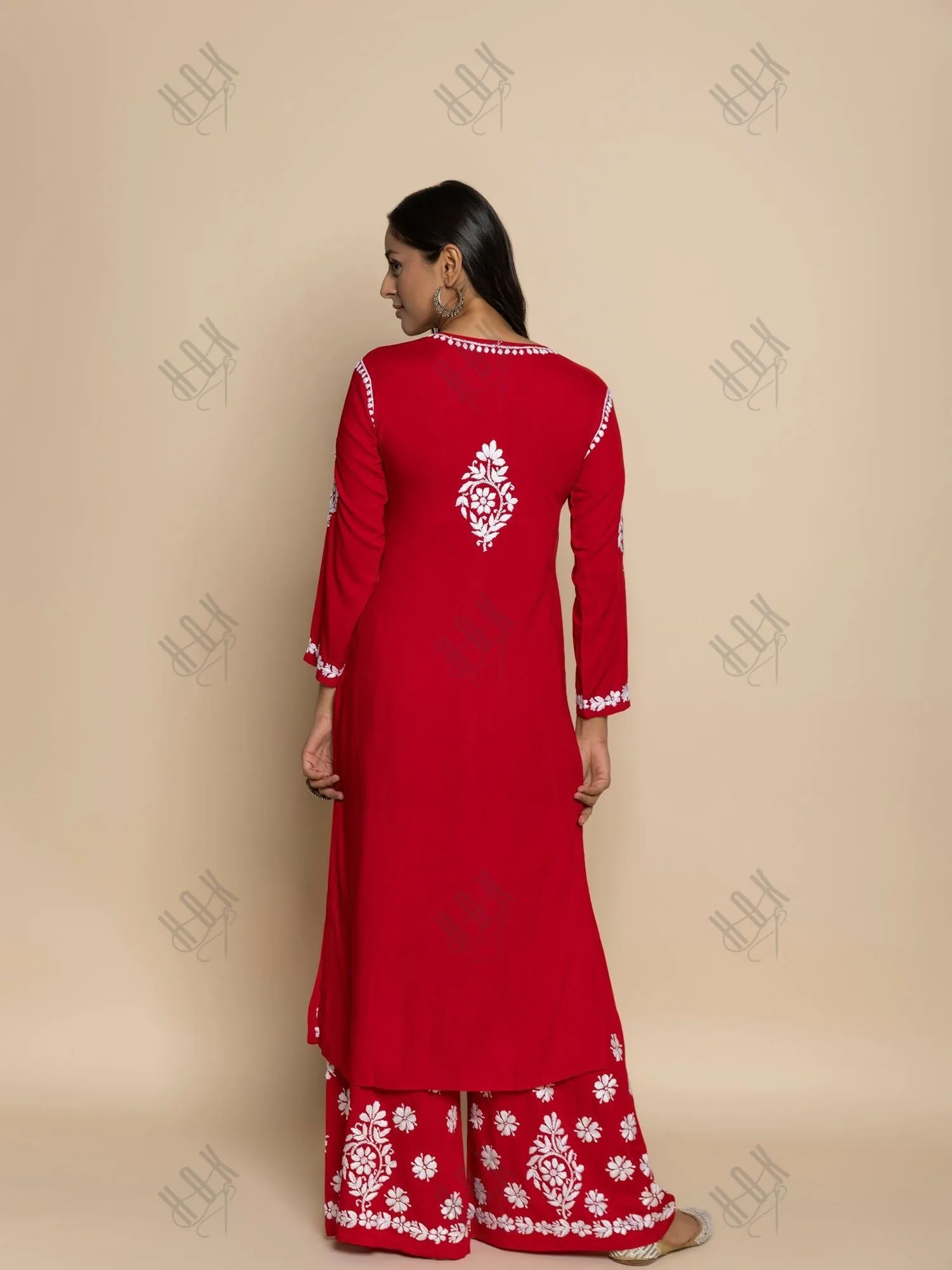 Fizaa chikankari Kurta in Modal cotton with Notch Neck Red