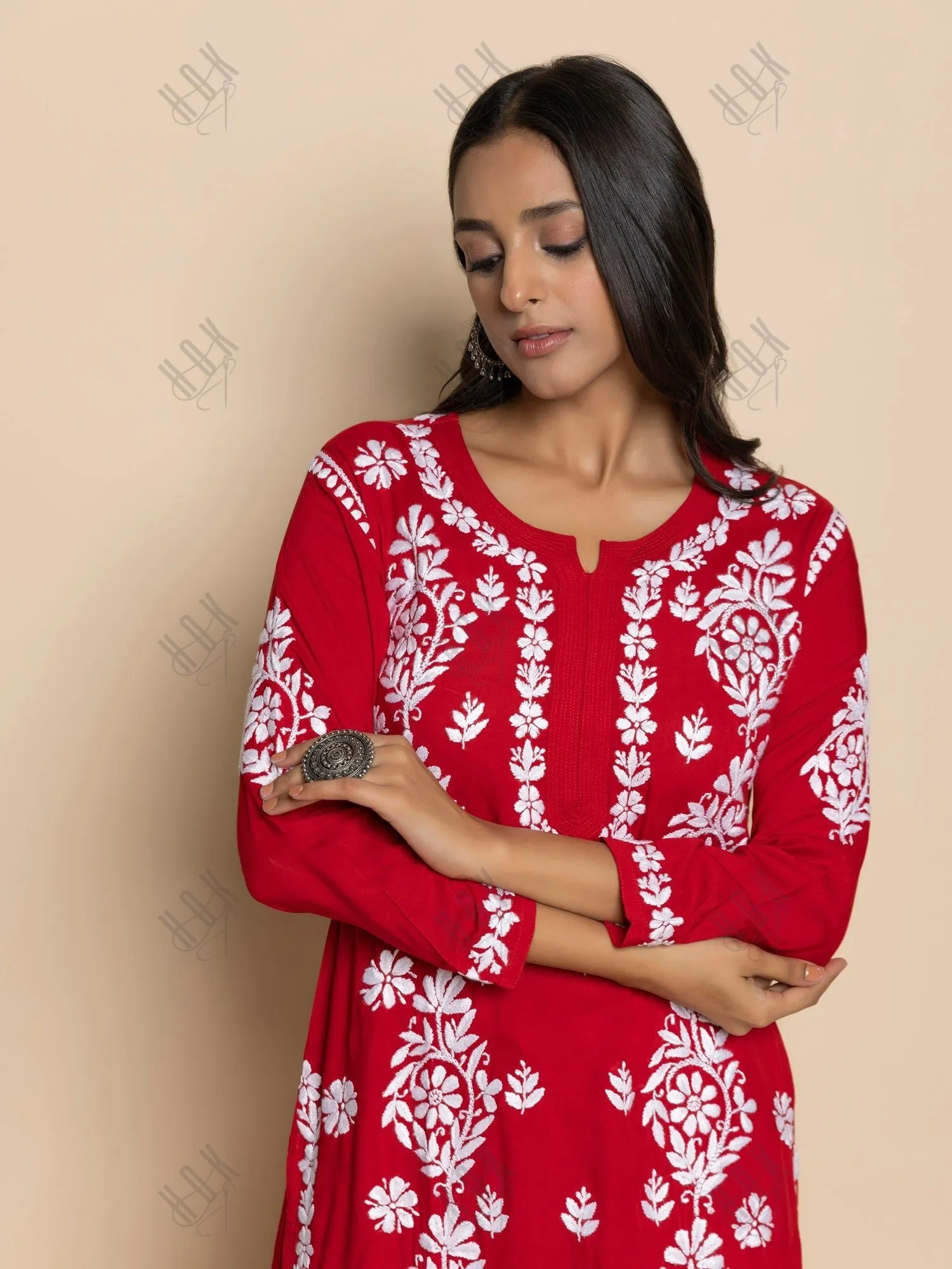 Fizaa chikankari Kurta in Modal cotton with Notch Neck Red