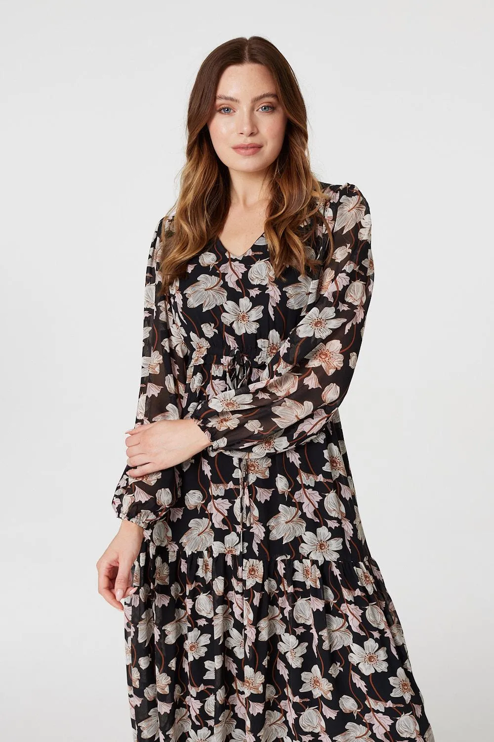 Floral Drawstring Waist Midi Dress