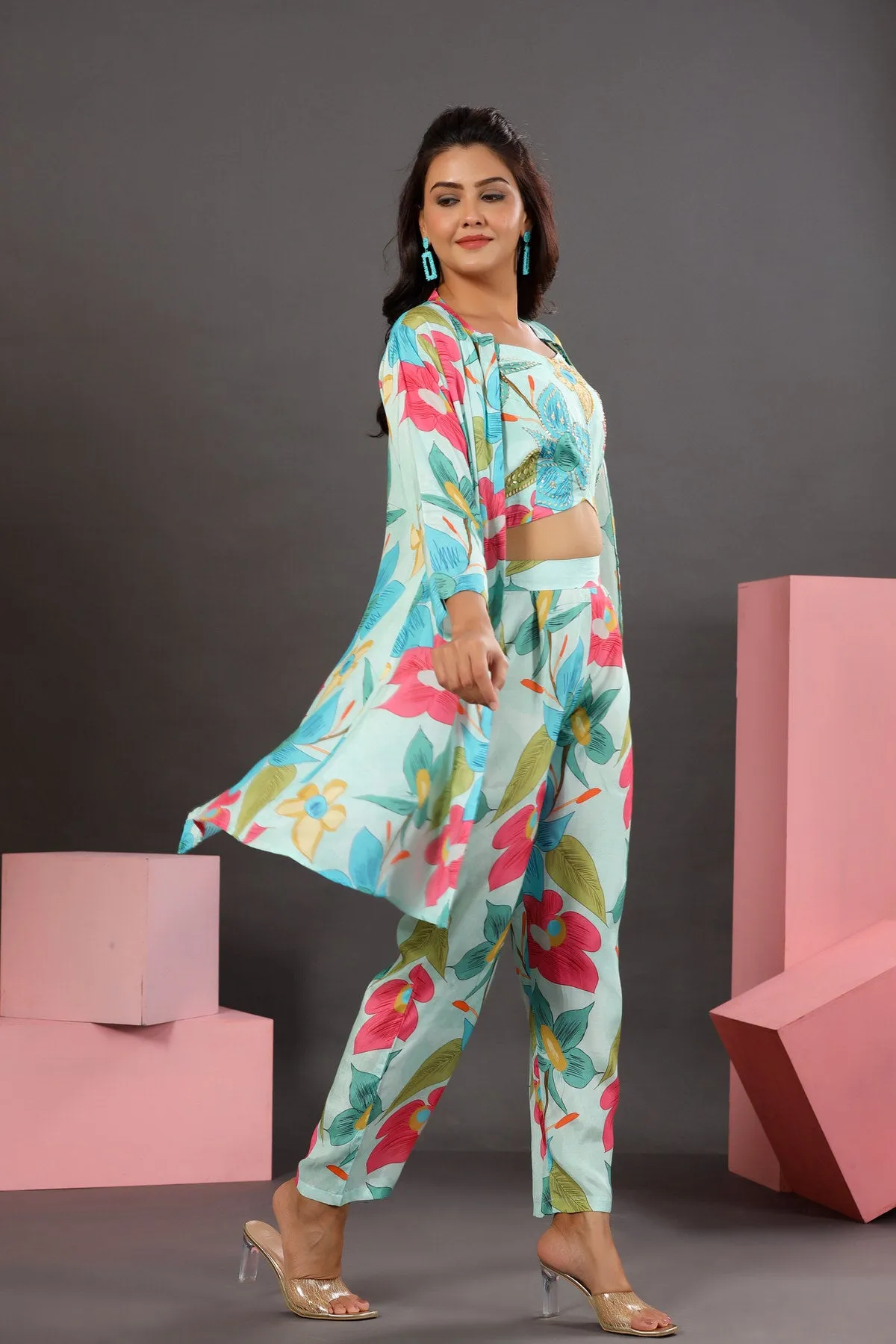 Floral Lagoon Three Piece Silk Co-ord Set