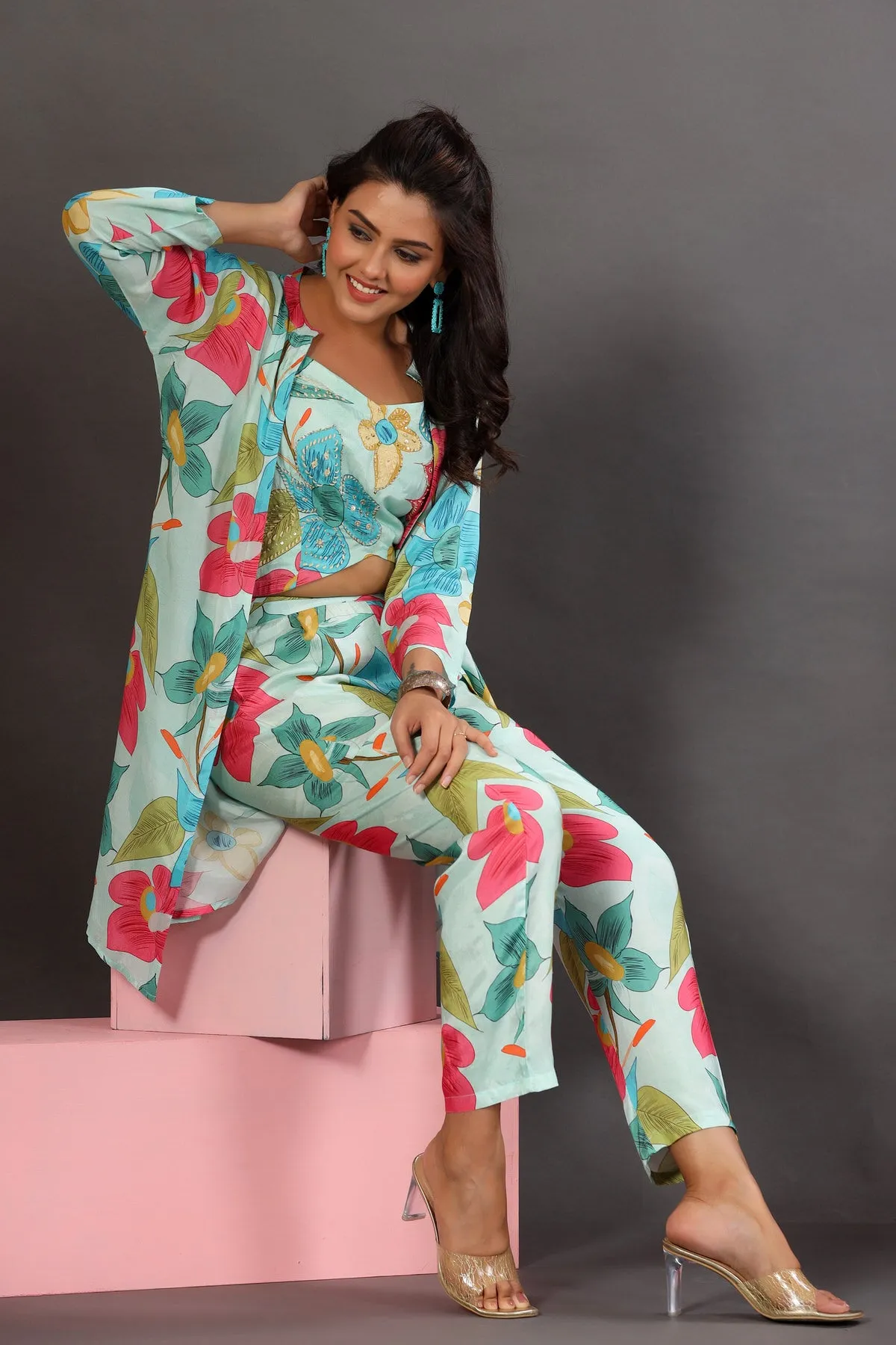 Floral Lagoon Three Piece Silk Co-ord Set