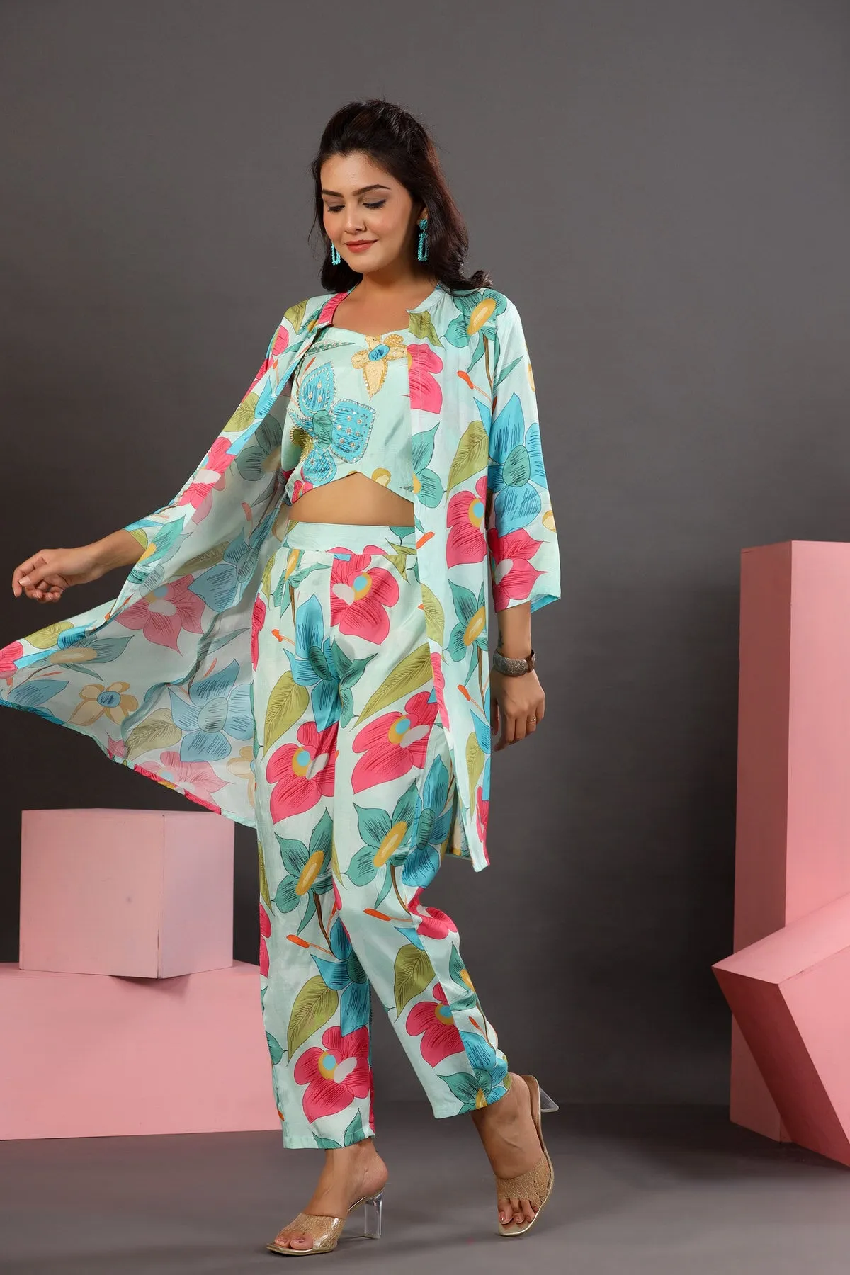 Floral Lagoon Three Piece Silk Co-ord Set