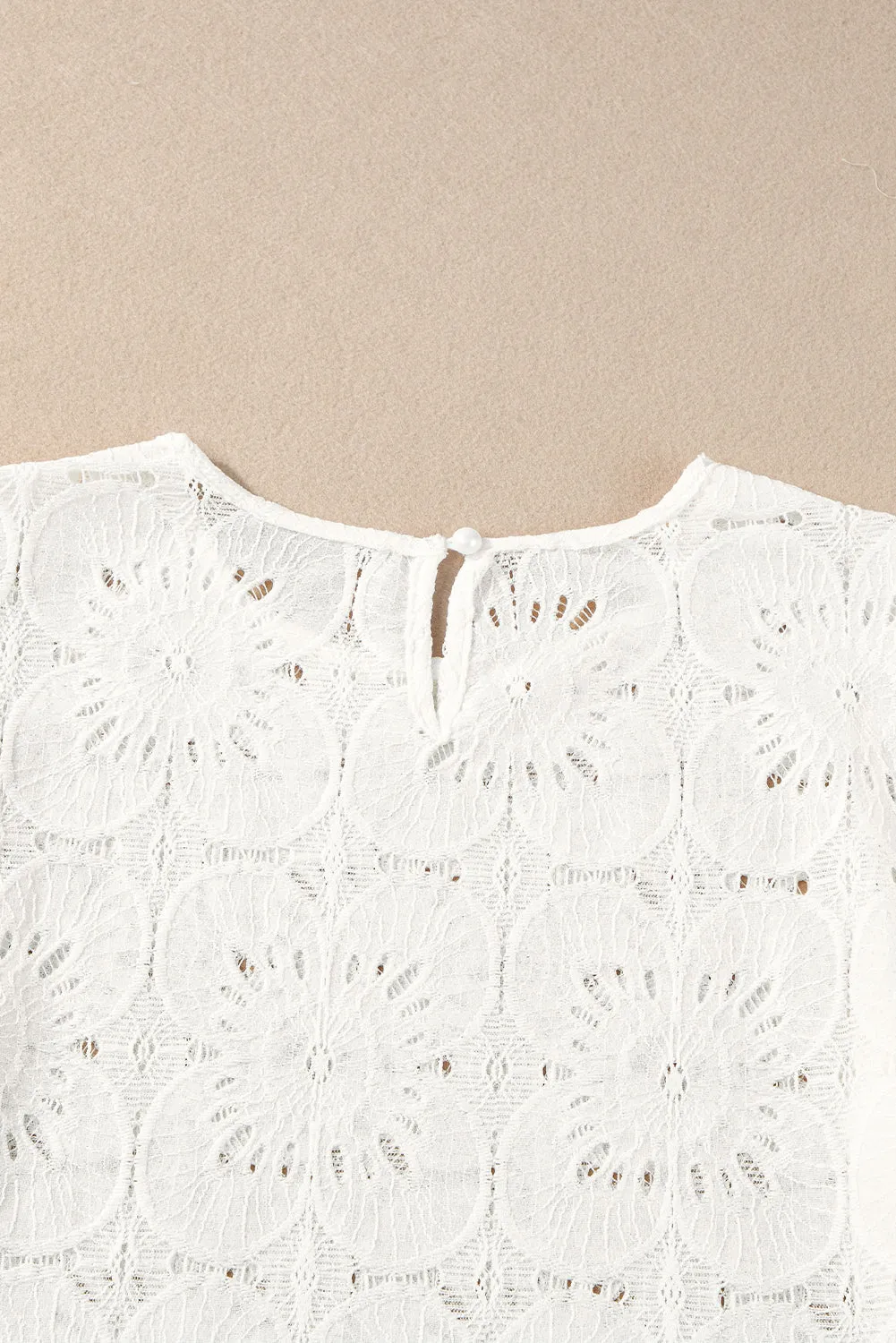 Flower Eyelet Jacquard Keyhole Flounce Sleeve Top