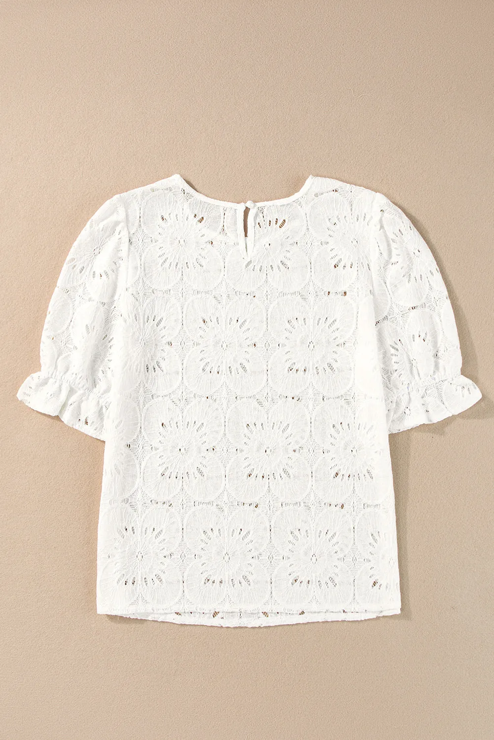 Flower Eyelet Jacquard Keyhole Flounce Sleeve Top