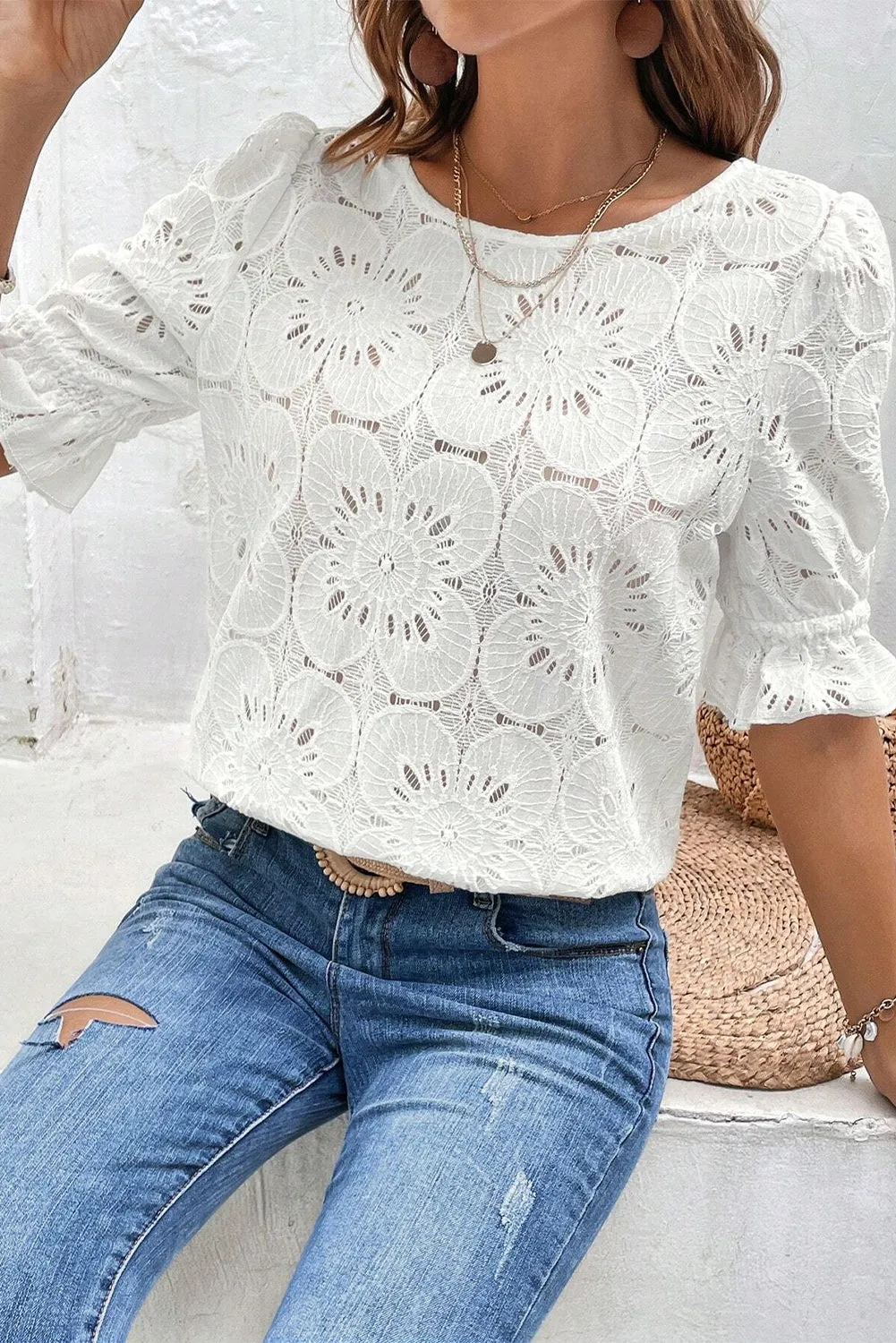 Flower Eyelet Jacquard Keyhole Flounce Sleeve Top