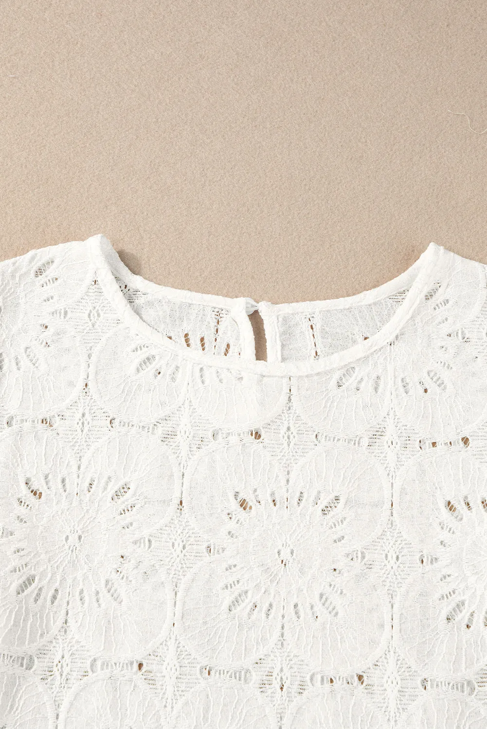 Flower Eyelet Jacquard Keyhole Flounce Sleeve Top