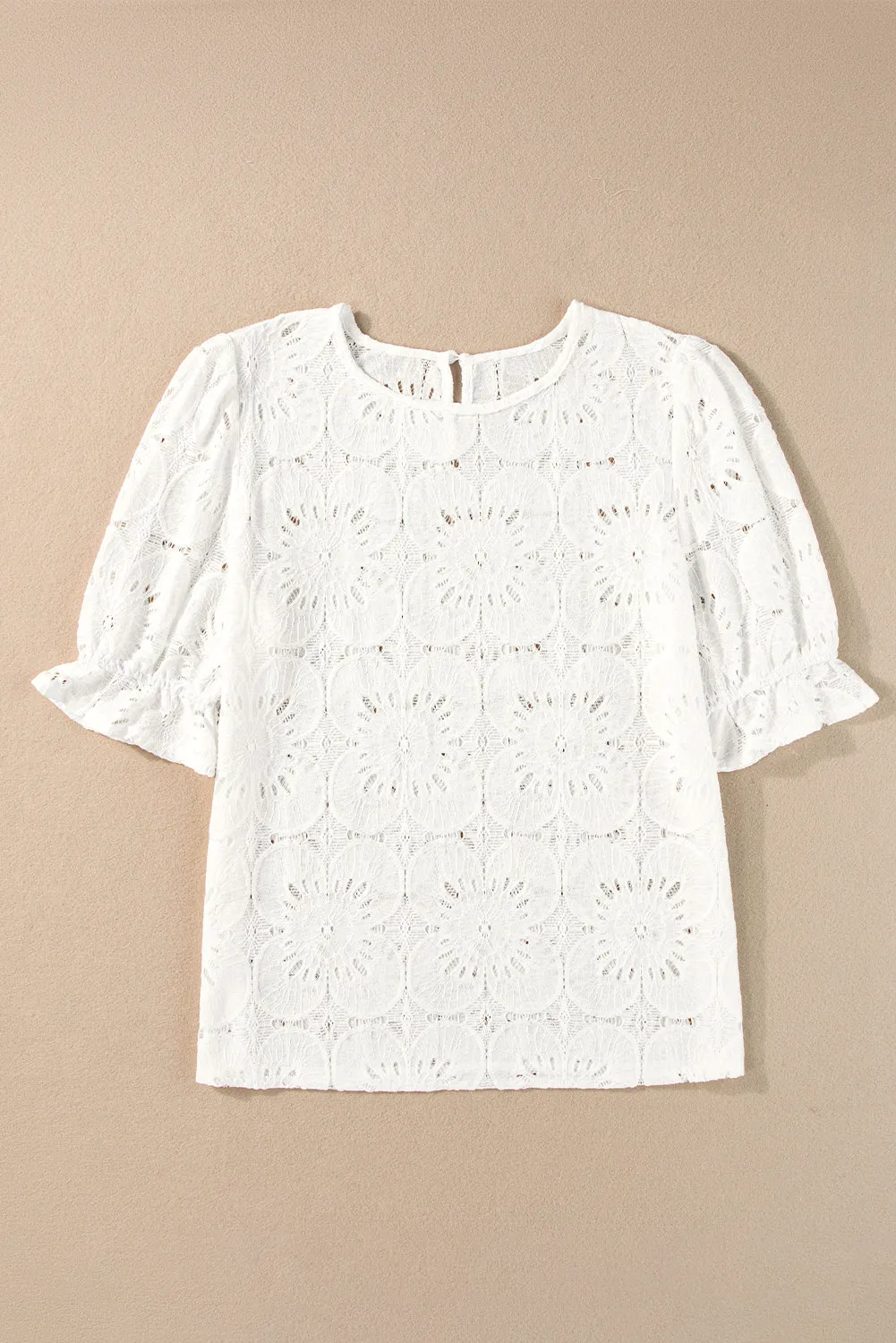 Flower Eyelet Jacquard Keyhole Flounce Sleeve Top