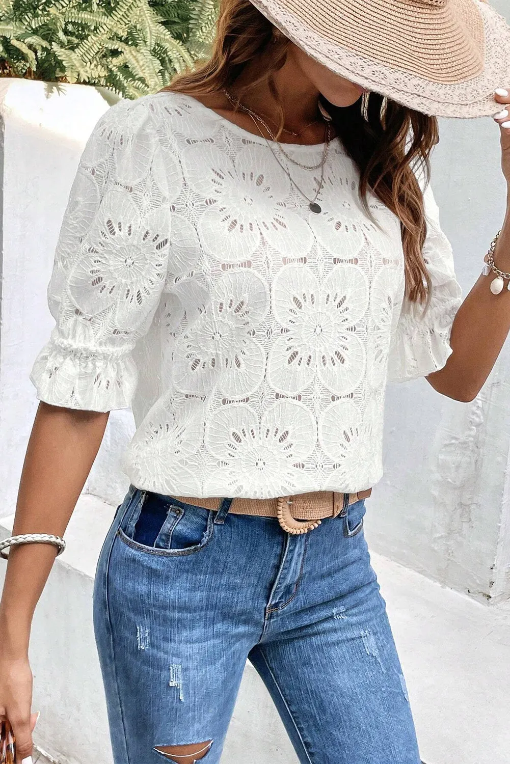 Flower Eyelet Jacquard Keyhole Flounce Sleeve Top