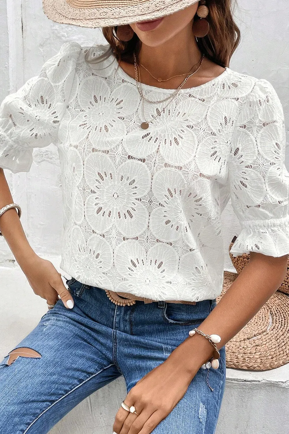 Flower Eyelet Jacquard Keyhole Flounce Sleeve Top