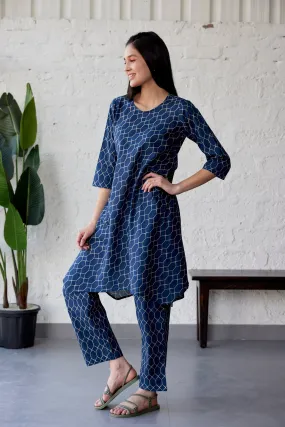 Geometrical Indigo Cotton Lounge Co-ord Set